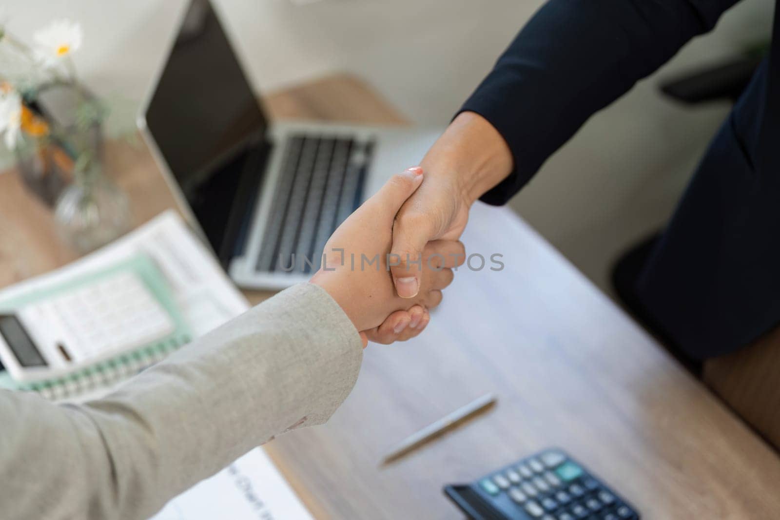 A close-up of a handshake between business partners, symbolizing agreement and collaboration in a corporate setting.
