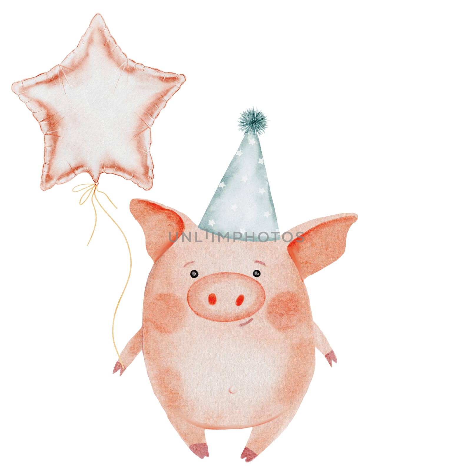 Little cute pig watercolor drawing. Hand drawn illustration of piglet in a party hat with a balloon on white background. Clip art of cute farm animal character. Ideal for stickers, cards and baby educational cards. High quality photo