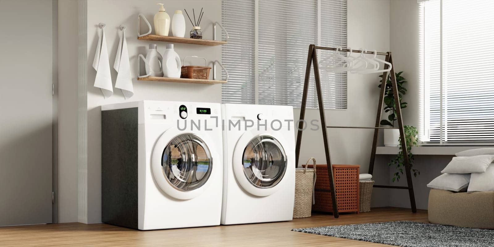 A contemporary laundry room design featuring practical washing machines, ideal for a modern home and lifestyle.