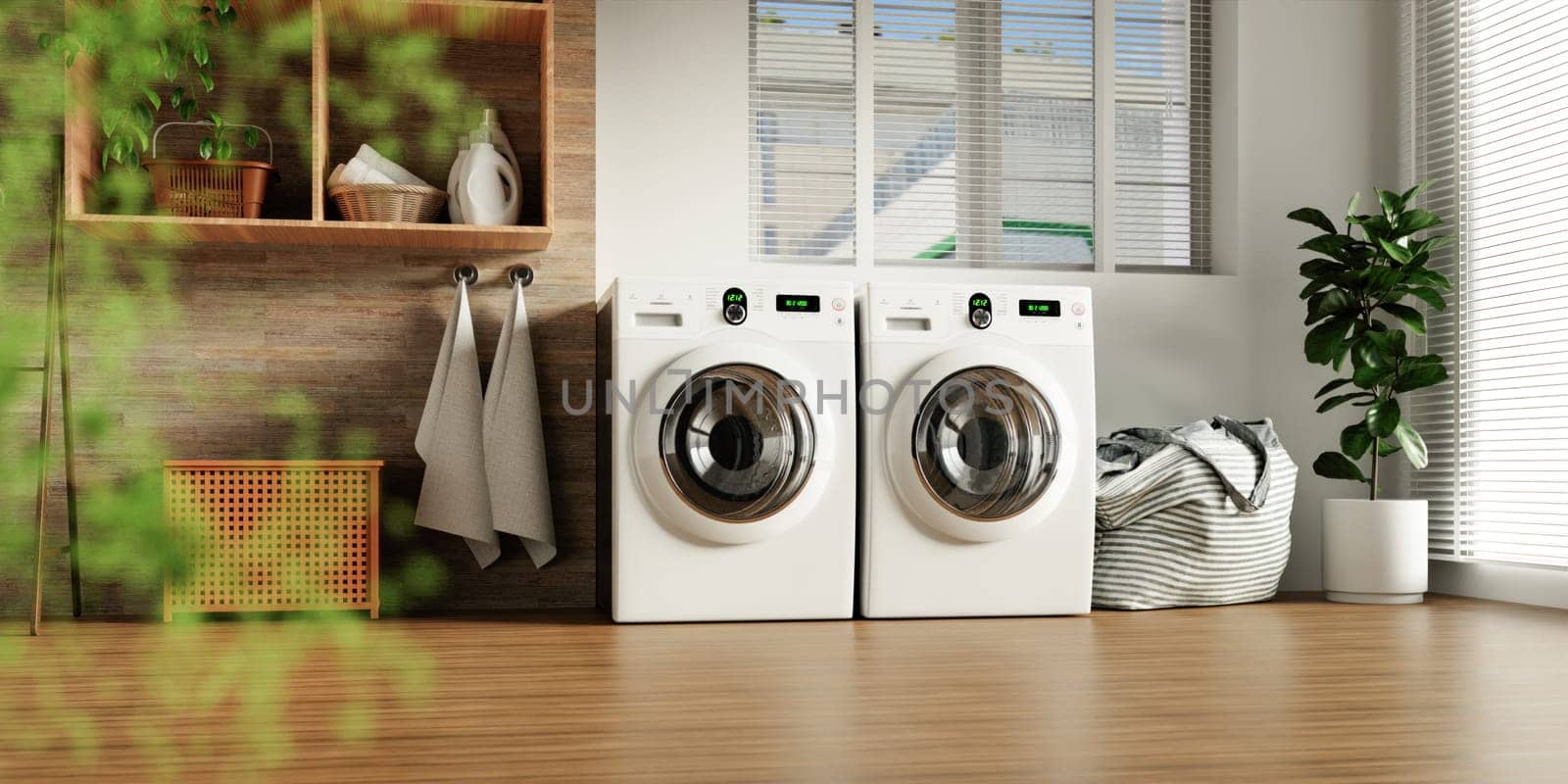 A beautifully designed home laundry space featuring sleek white washing machines and a modern aesthetic for practical living.