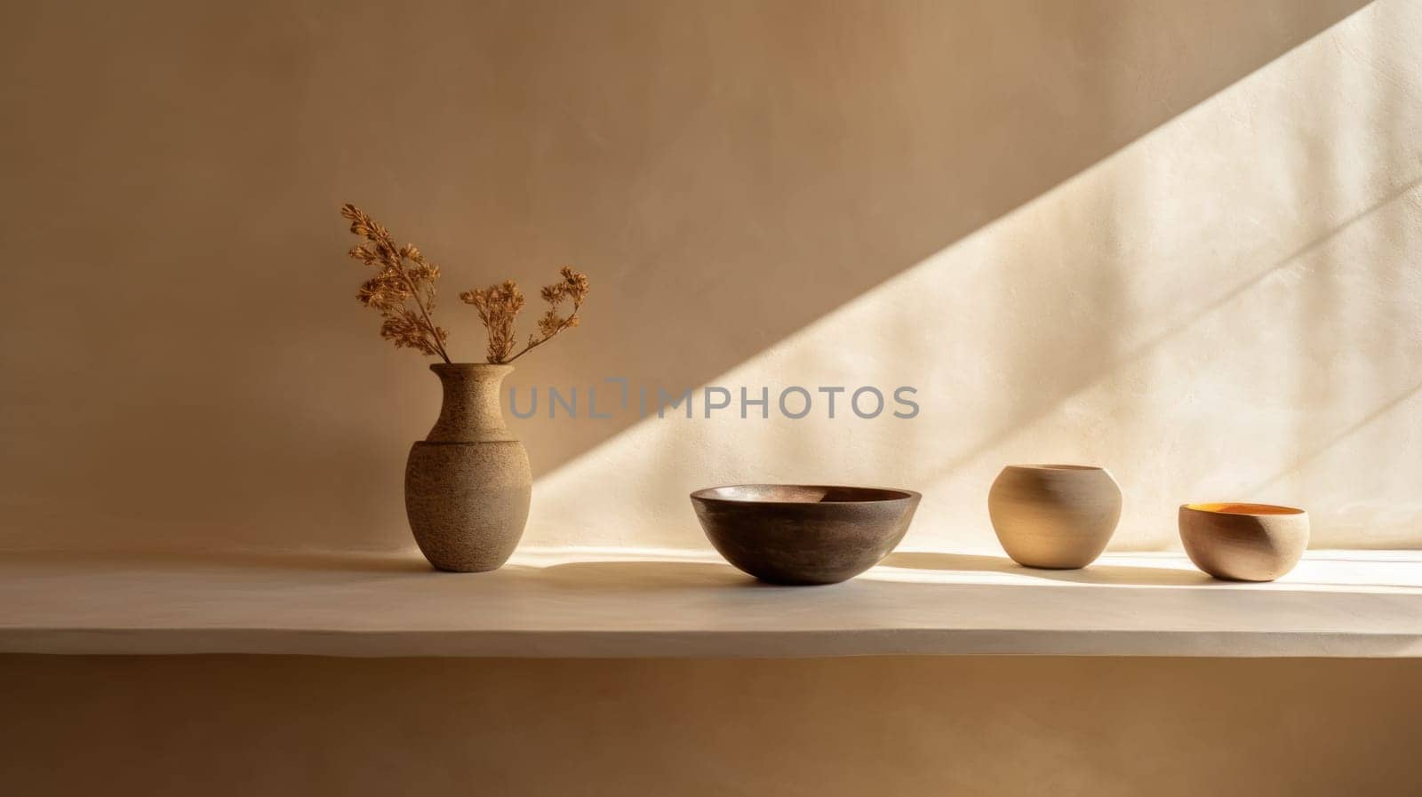 Array of vases on shelf with ceramic bathed in sunlight. Created using AI Generated technology and image editing software.