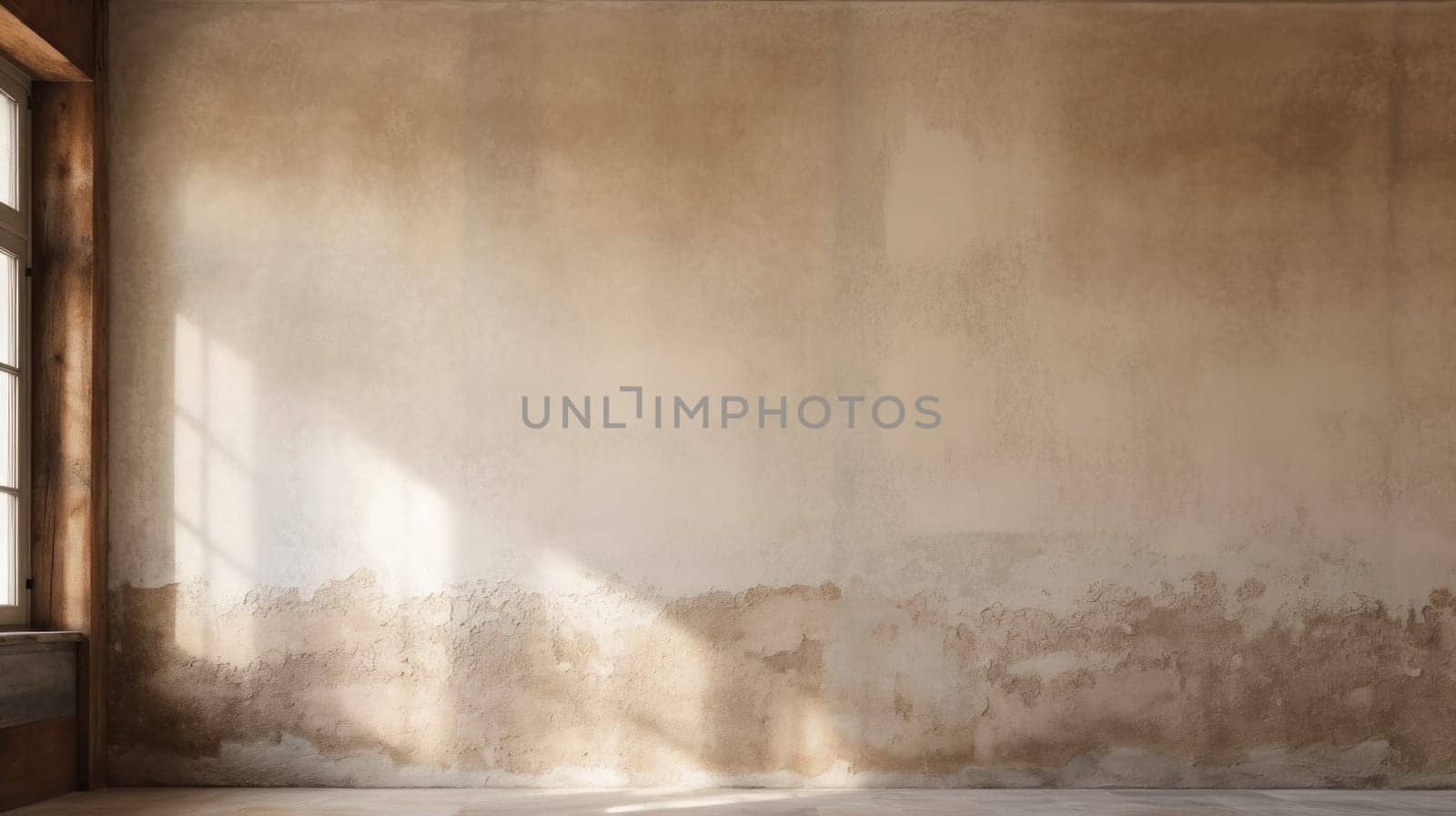 Sunlight streams into a room with aged beige plaster walls. Created using AI Generated technology and image editing software.