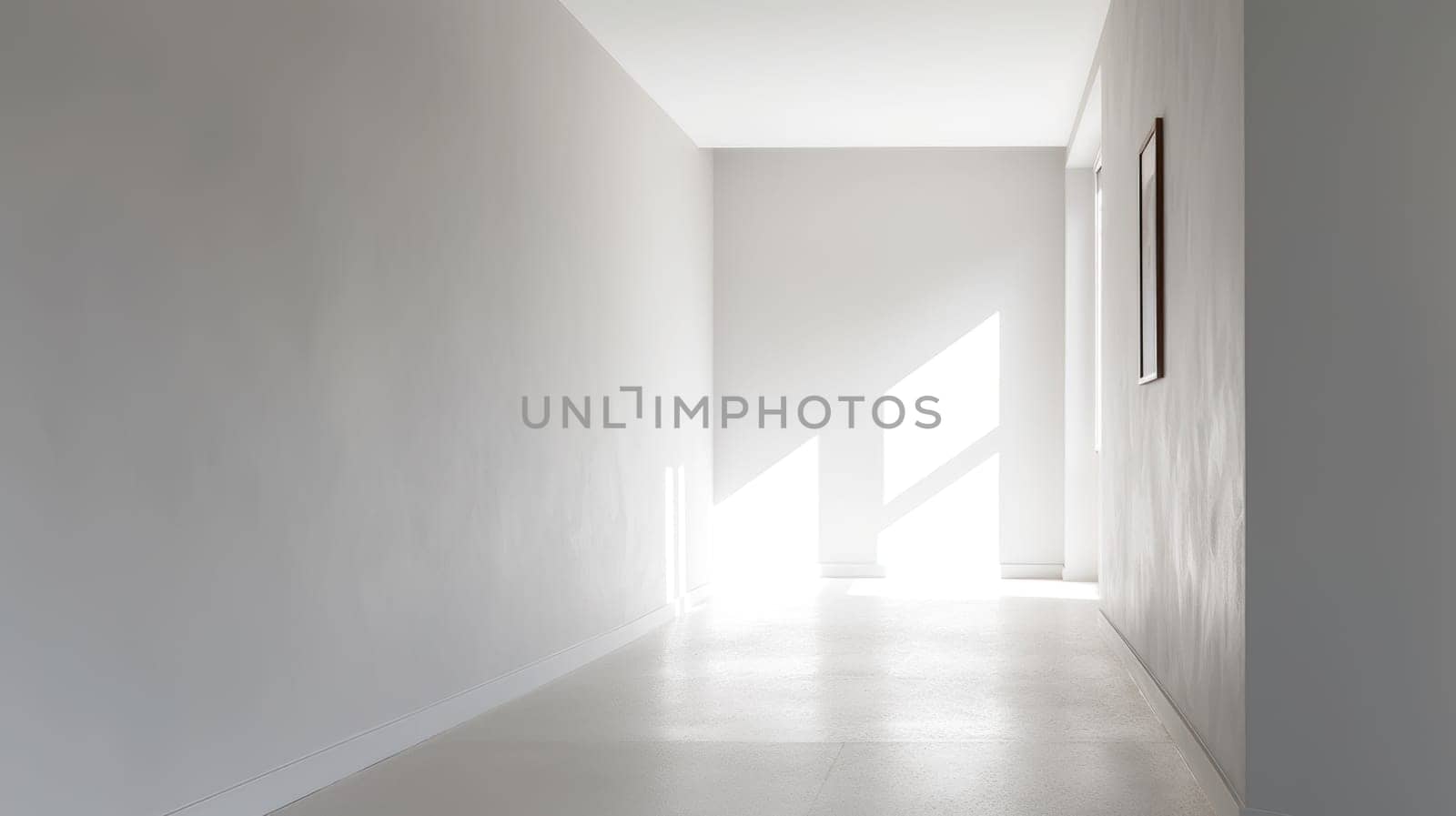 Sunlight illuminates a white hallway with framed artwork on the wall. Created using AI Generated technology and image editing software.