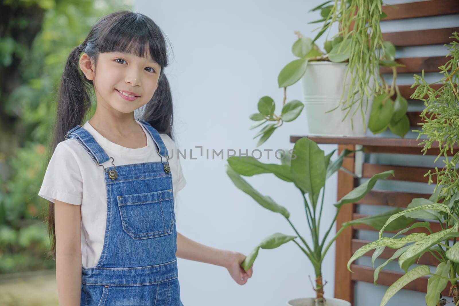 Asian young attractive girl standing beside a green potted plant at home held, World Environment Day concept