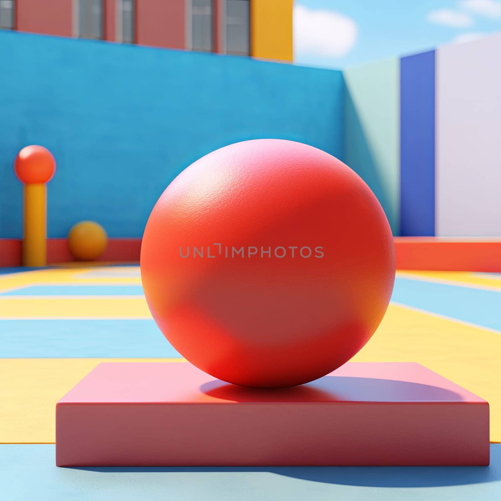 A striking art installation of a large red sphere on a platform, complemented by a colorful geometric background. A captivating scene that embodies modern creativity and visual appeal.