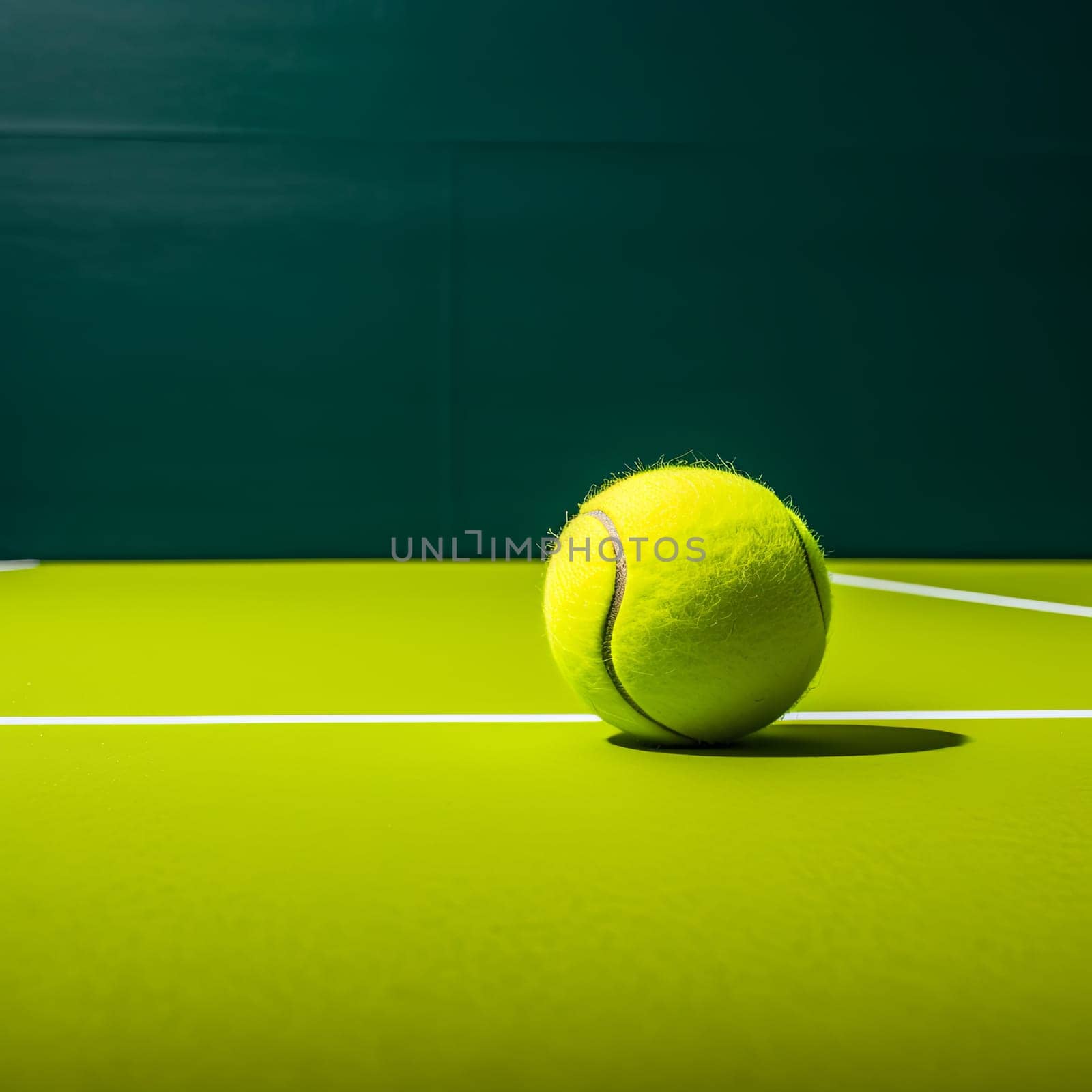 A bright yellow tennis ball on a green court, with clear lines, symbolizes sport and recreation. Perfect for tennis-themed designs and representing an active lifestyle.