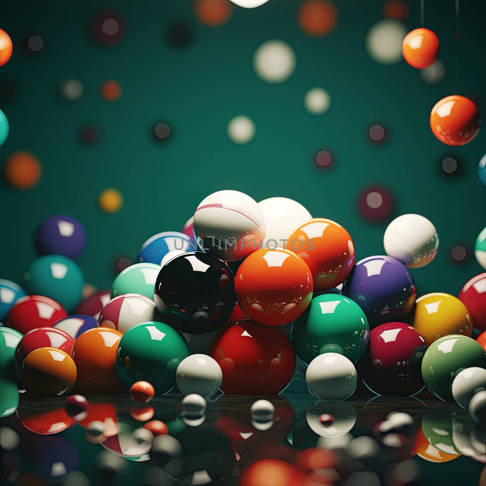 A vibrant pile of colorful balls forms an abstract composition against a blurred background. The reflective surface enhances depth, making it visually appealing for creative projects.