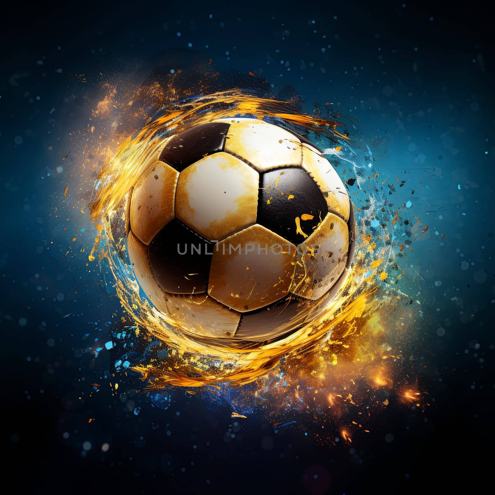 A dynamic soccer ball engulfed in flames and energy, creating an explosion effect. Perfect for sports visuals, and advertising. Illustrates the intensity, excitement, and power of the game.