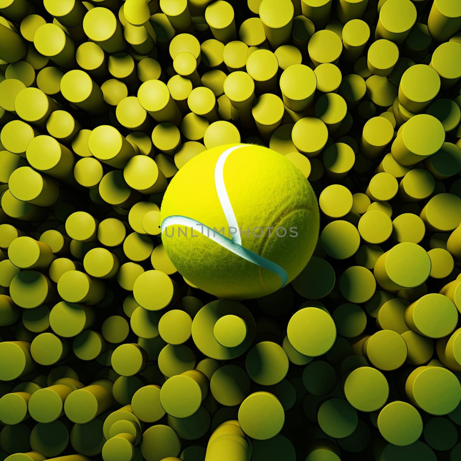 A tennis ball rests on a field of cylindrical pillars, creating a vibrant and engaging visual. The yellow ball contrasts beautifully, making it perfect for sports-themed designs.