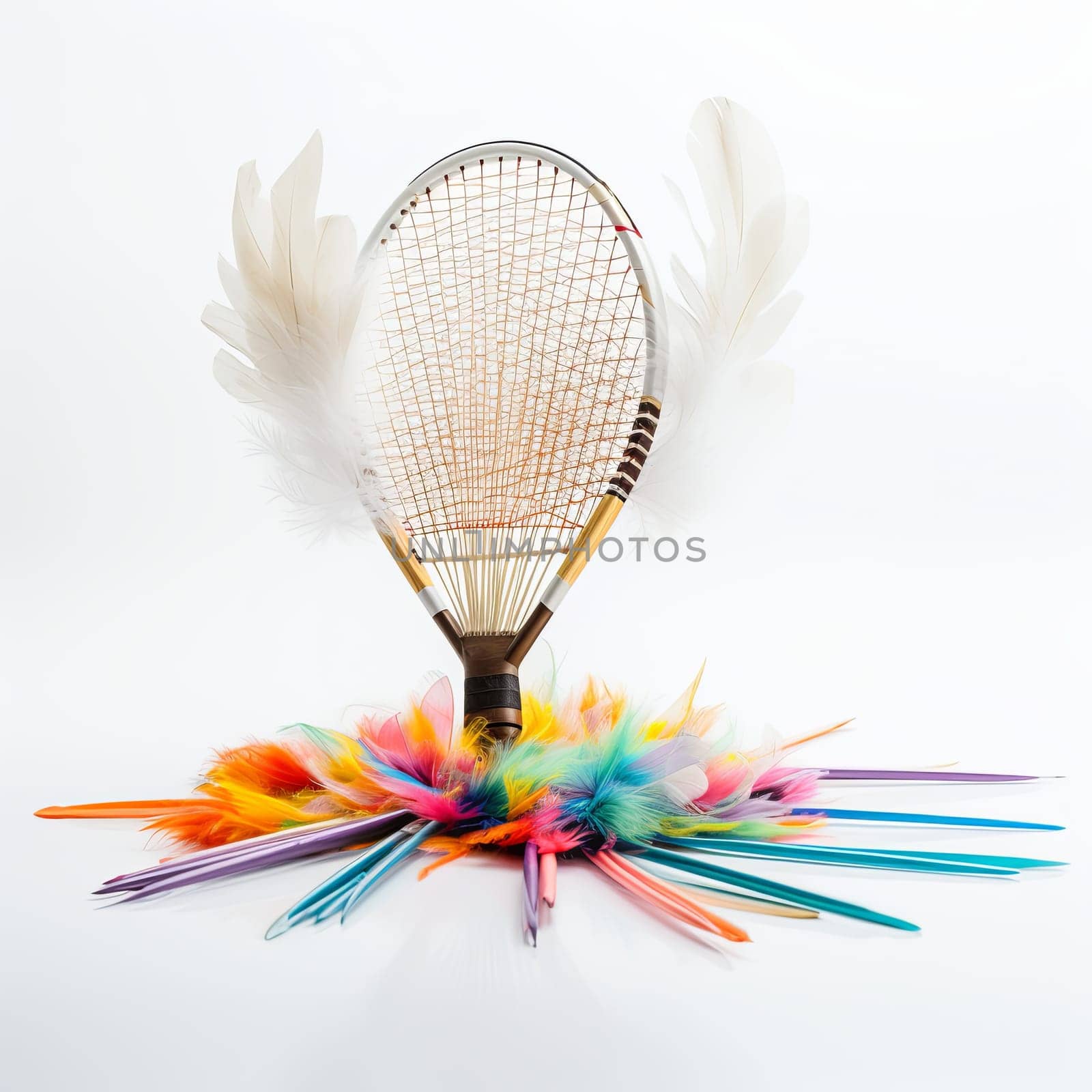 A vibrant still life showcasing a tennis racket decorated with colorful feathers. Isolated on a white background, this playful and creative piece stands out beautifully.