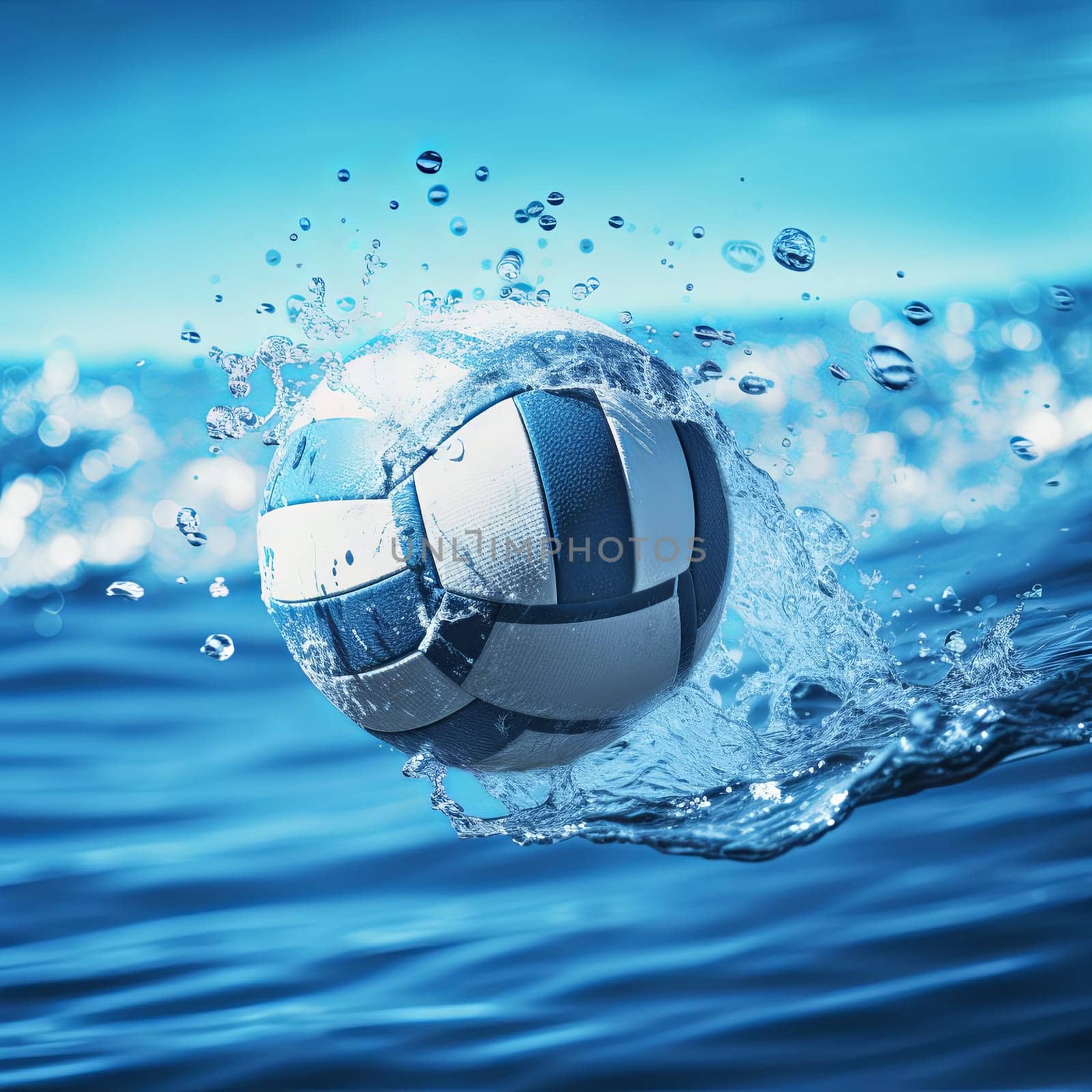 A blue and white water polo ball creates a large splash in the turquoise water, symbolizing fun, freedom, and healthy lifestyle. Perfect for advertising water sports or vacations activities.