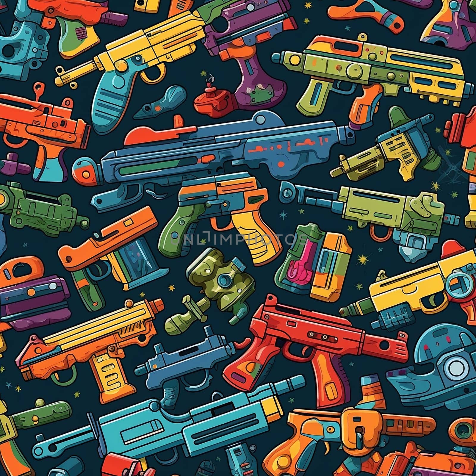 A playful pattern showcasing colorful toy guns in a cartoon style. Perfect for children s designs, themed parties, or creative projects. Ideal for textiles and prints.