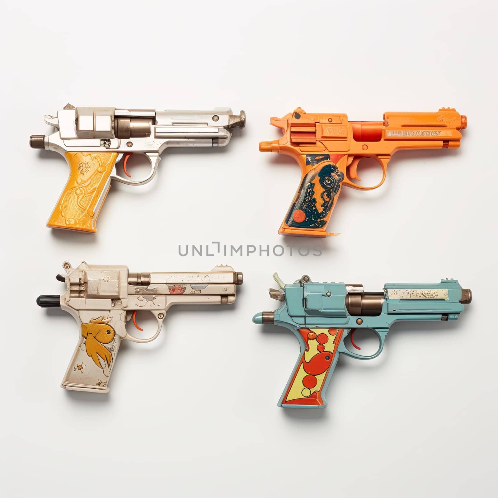 A set of four colorful, vintage toy pistols isolated on a white background. Ideal for playful themes, decorations, and product mockups, perfect for games and creative concepts.