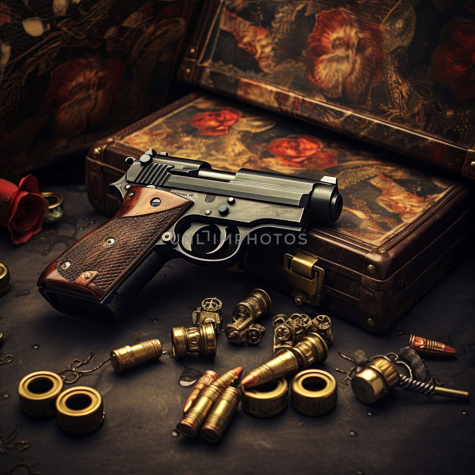 A vintage style pistol with bullets and steampunk accessories arranged on ornate boxes. The scene evokes mystery and intrigue, perfect for art projects and historical themes.
