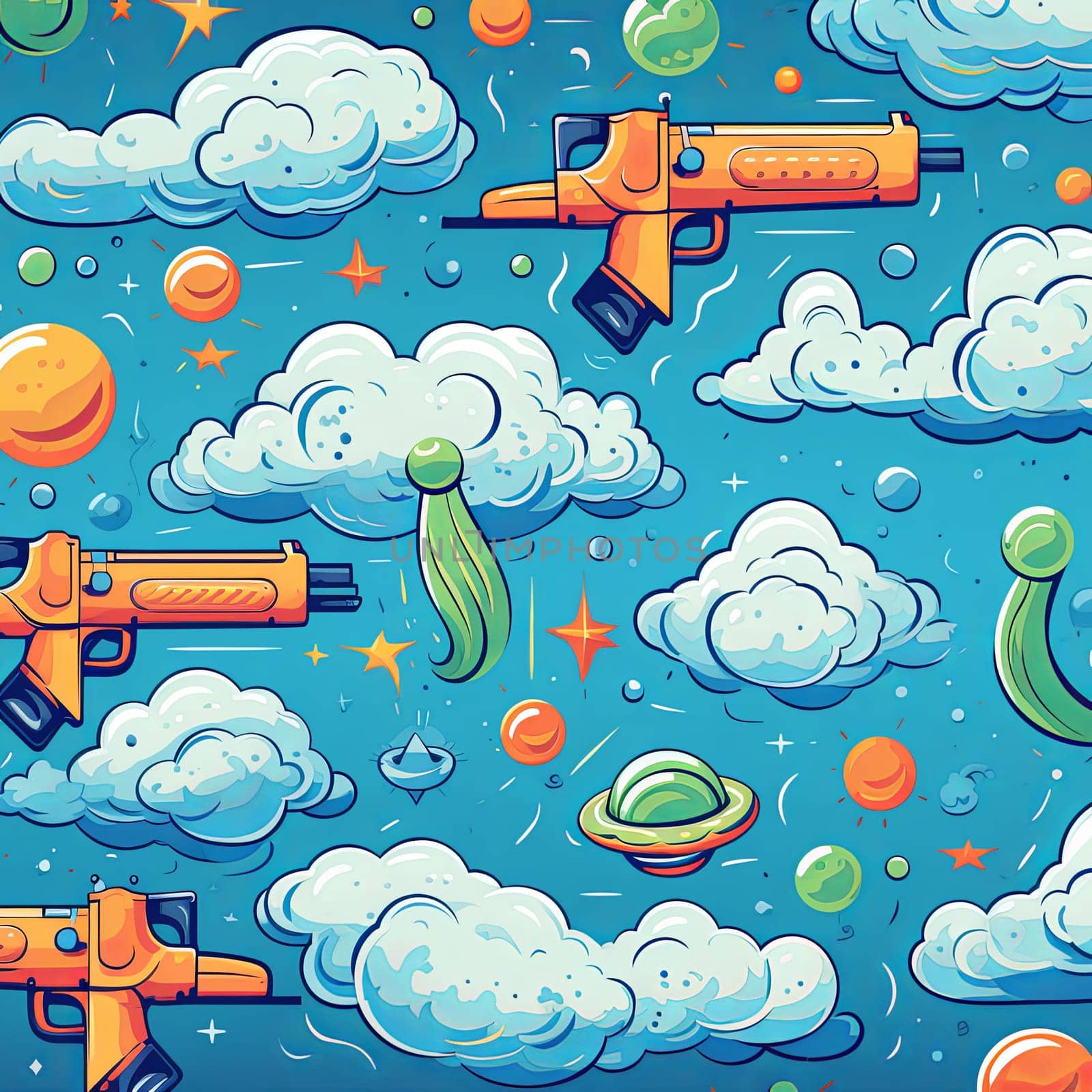 A vibrant pattern with cartoon clouds, planets, alien spaceships, and toy guns against a bright blue background. Ideal for children s designs, textiles, and creative projects.