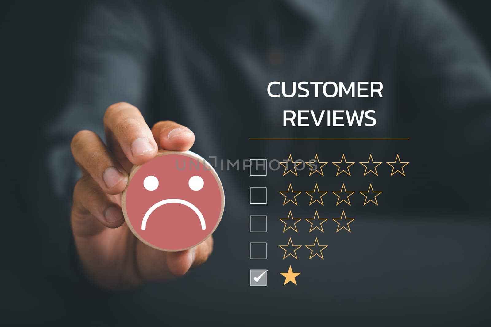Conceptual representation of poor service. Unhappy customer holding wooden block with sad face icon on circle wooden table. Symbolizing bad customer experience and dissatisfaction.