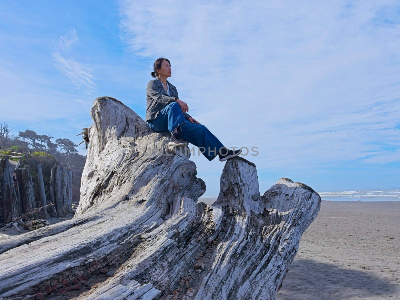 A middle aged woman sits on top of a large driftwood tree on the beach near Kalaloch area of Washington state.