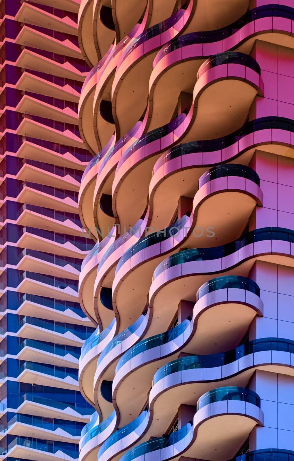 UAE, Dubai, 19 September 2024: architecture of the city at sunset, skyscrapers with glass facades. High quality photo