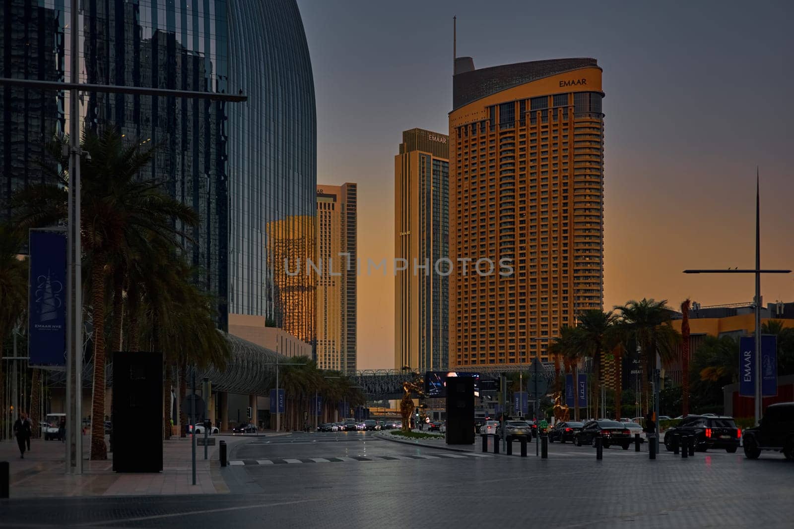 UAE, Dubai, 19 September 2024: architecture of the city at sunset, skyscrapers with glass facades. High quality photo