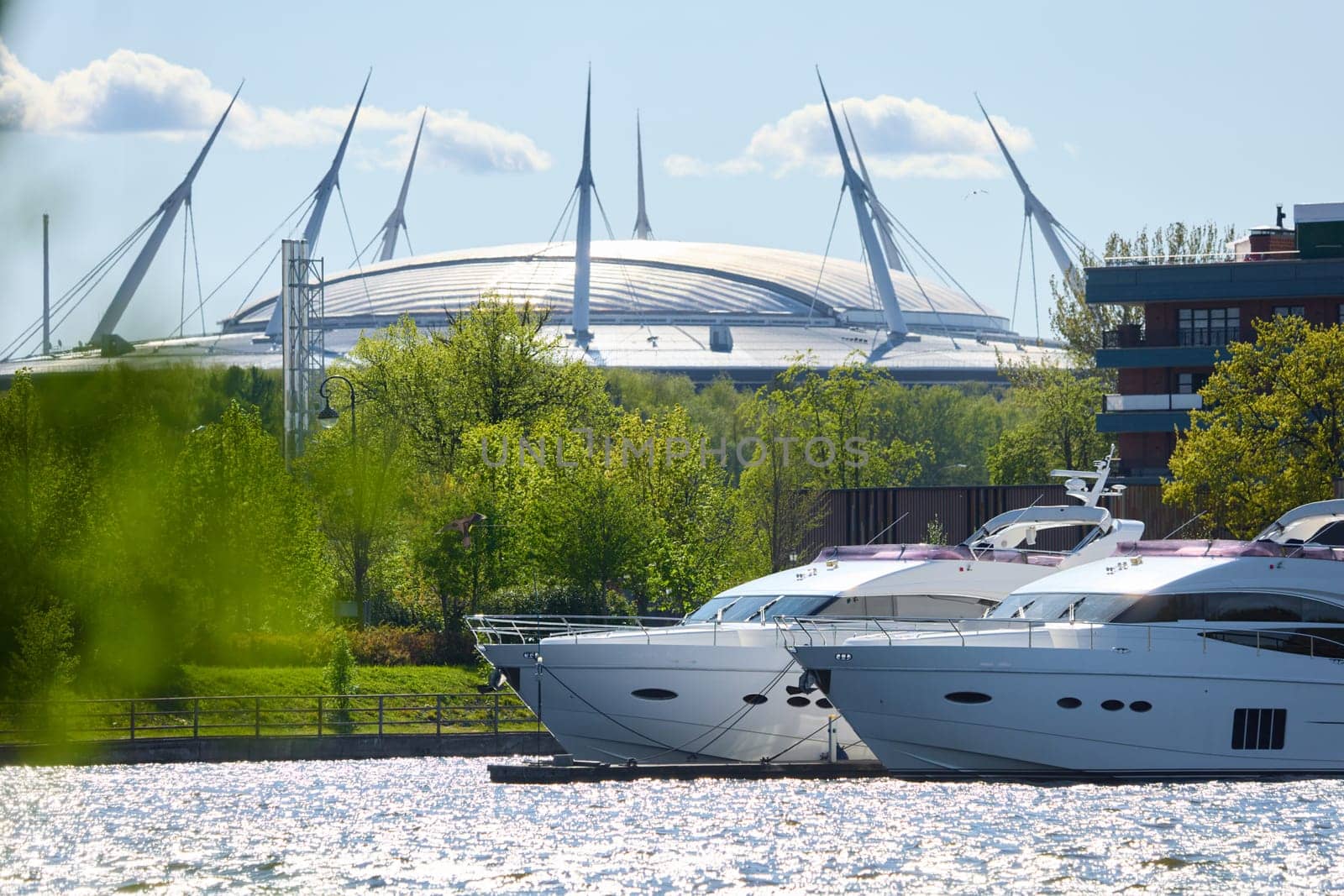 View of the mega yachts standing at the pier through the branches of trees on a clear sunny day, residential buildings and a stadium in the background, Russia, St.Petersburg. High quality photo