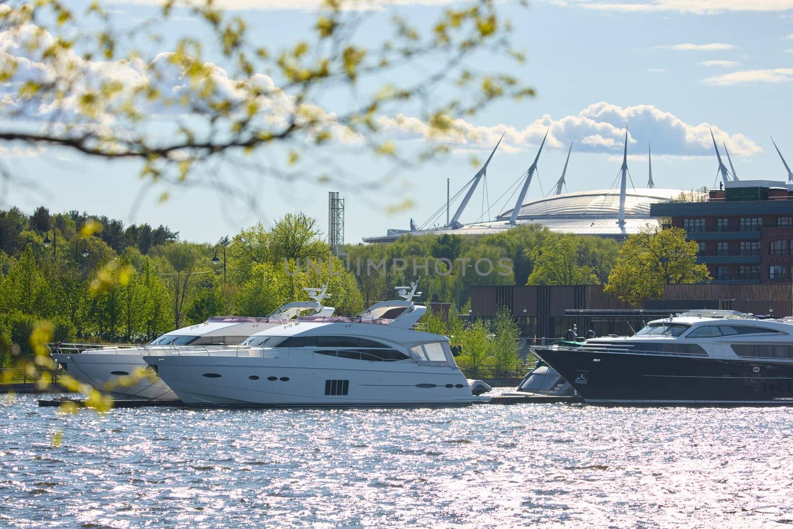View of the mega yachts standing at the pier through the branches of trees on a clear sunny day, residential buildings and a stadium in the background, Russia, St.Petersburg. High quality photo