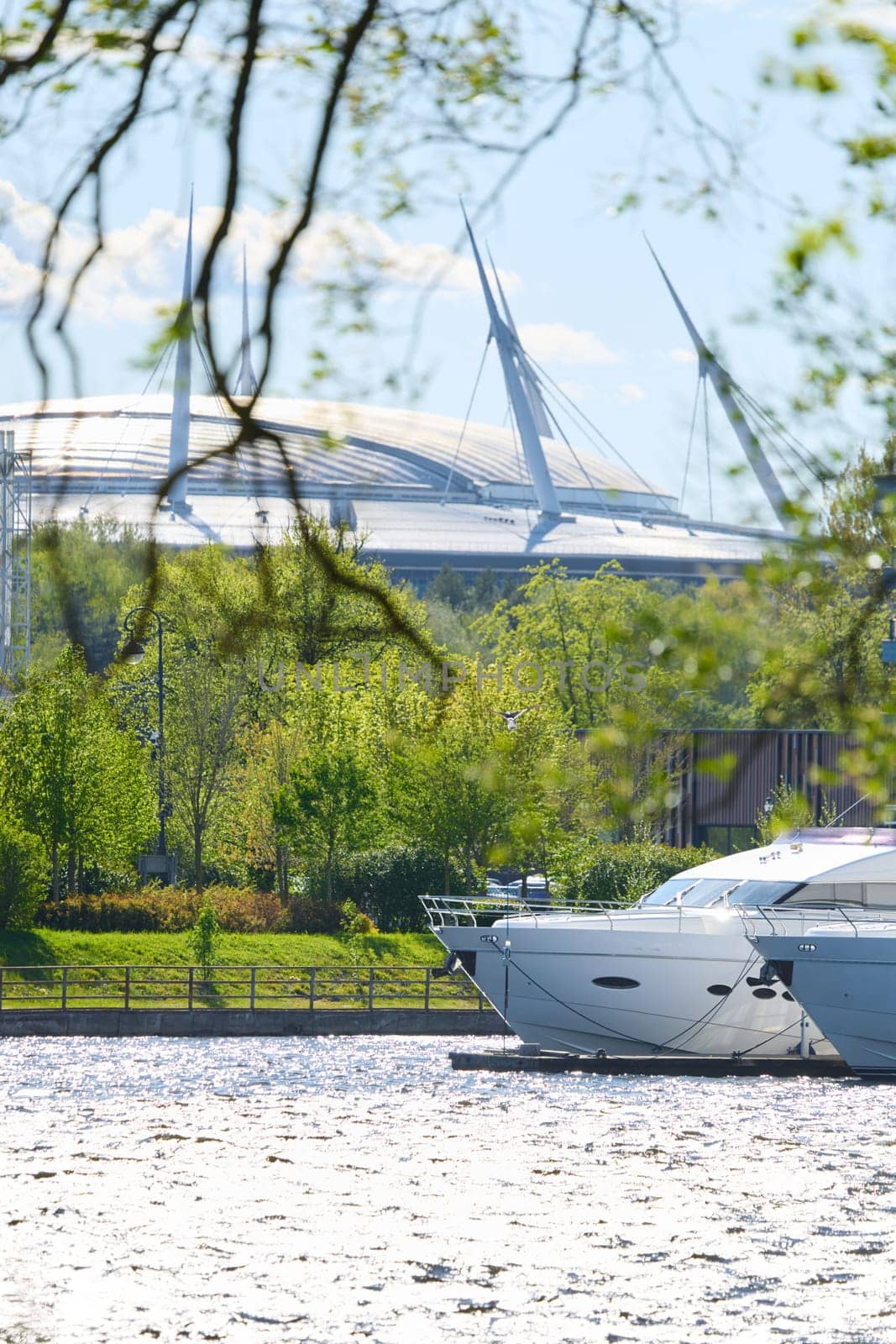 View of the mega yachts standing at the pier through the branches of trees on a clear sunny day, residential buildings and a stadium in the background, Russia, St.Petersburg. High quality photo