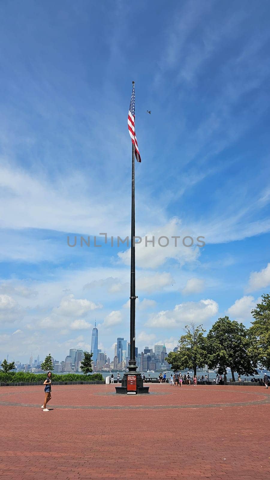New York, NY USA - 07.07.2023: Stars Stripes A Patriotic Display Against the Iconic New York City Skyline Panorama.