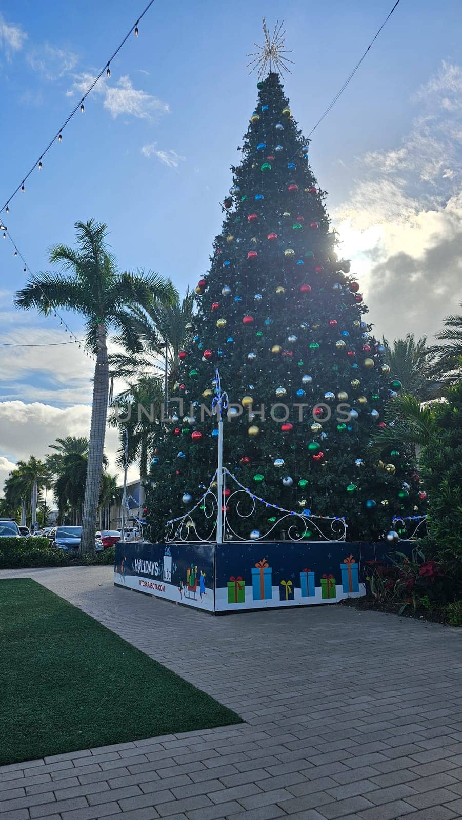 Miami, FL USA - 12.26.2023: Festive Christmas Tree Radiating Holiday Cheer in a Tropical Urban Setting. Winter Scene.