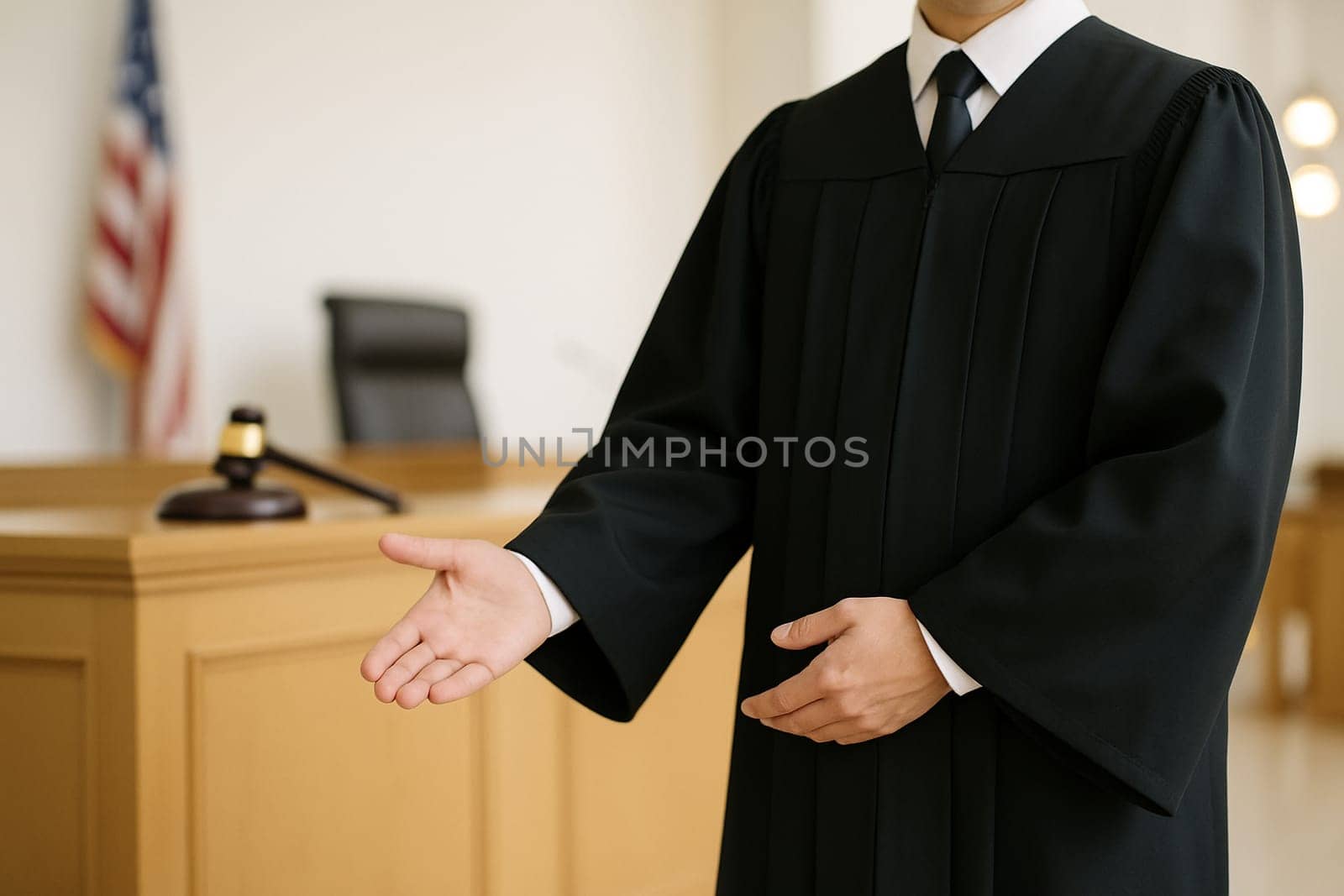 AI generated A judge stands at the edge of the frame gesturing to enter the courtroom with a serious expression. The background shows a formal trial setting with wooden benches