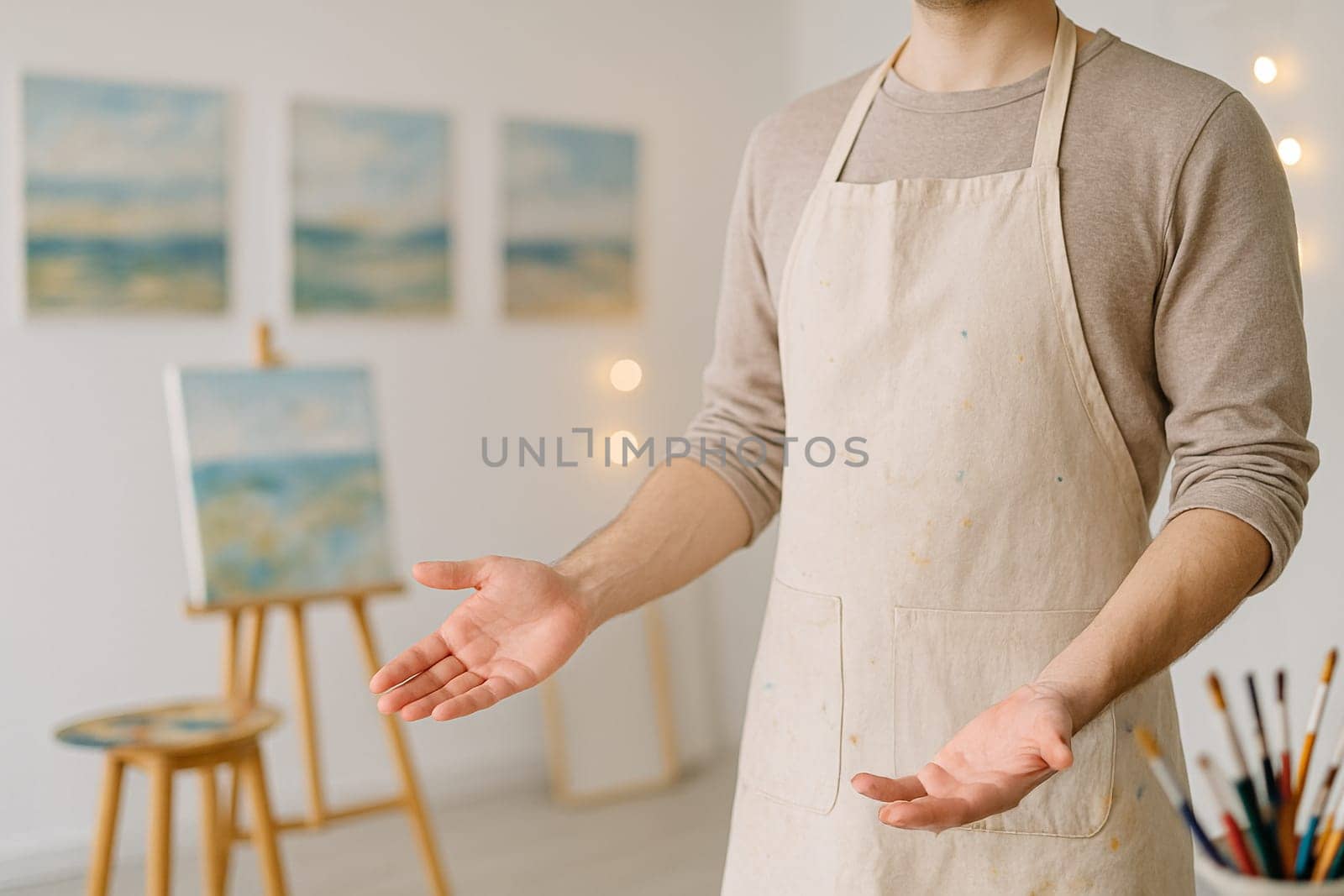 AI generated A passionate painter stands at the frame's edge gesturing toward an elegant art gallery filled with colorful paintings. The creative atmosphere evokes artistic expression, culture