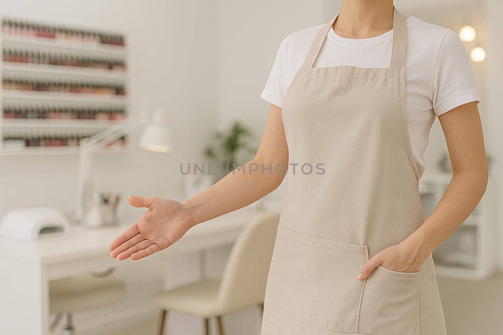 AI generated A professional nail technician stands at the frame edge gesturing toward a stylish nail salon interior. The bright, clean space features manicure stations with polish displays, beauty