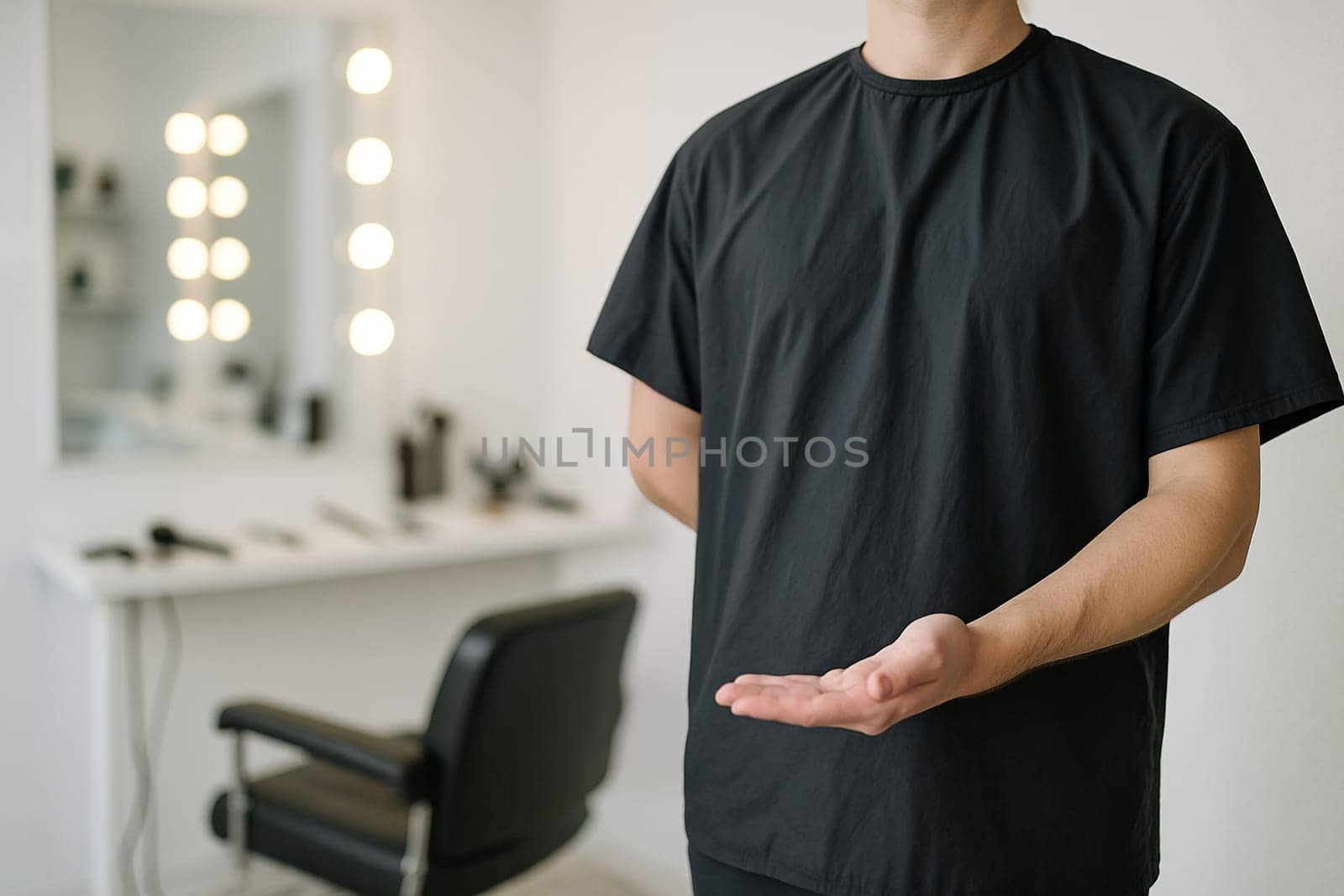 AI generated A skilled barber stands at the frame edge gesturing toward a traditional barber shop interior with vintage chairs and mirrors. The warm, masculine atmosphere evokes grooming