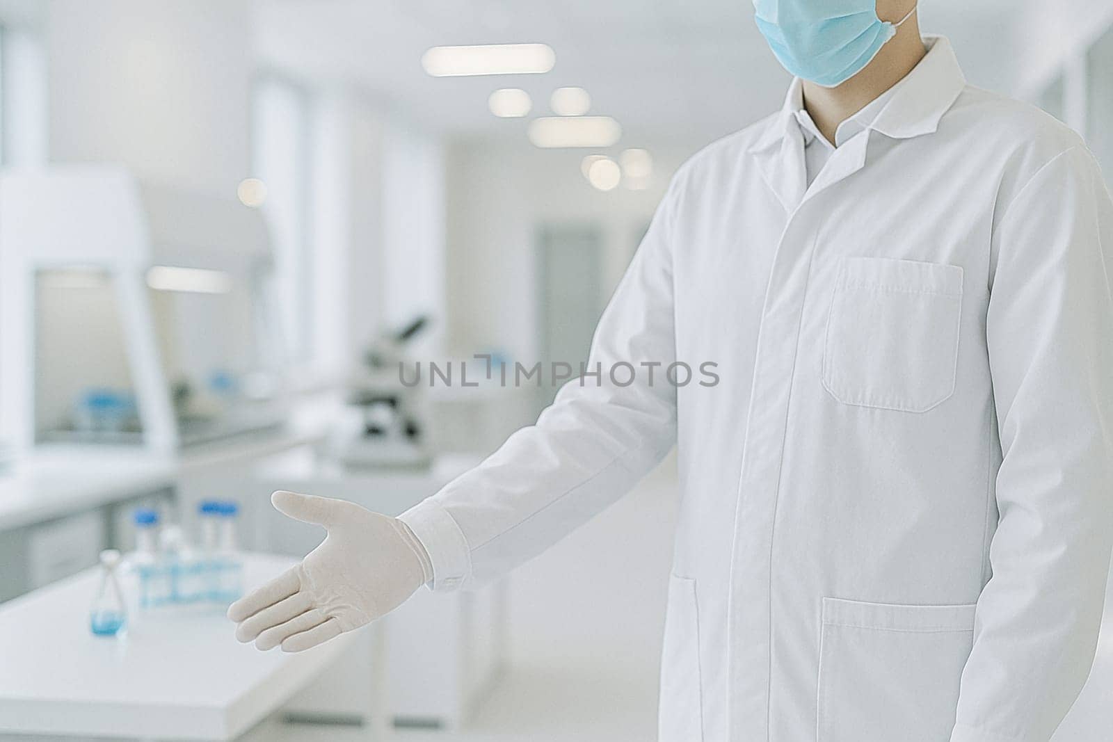 AI generated A dedicated vaccine researcher in protective gear stands at the frame's edge gesturing toward a high-tech sterile laboratory. The background shows advanced medical equipment and cleanroom