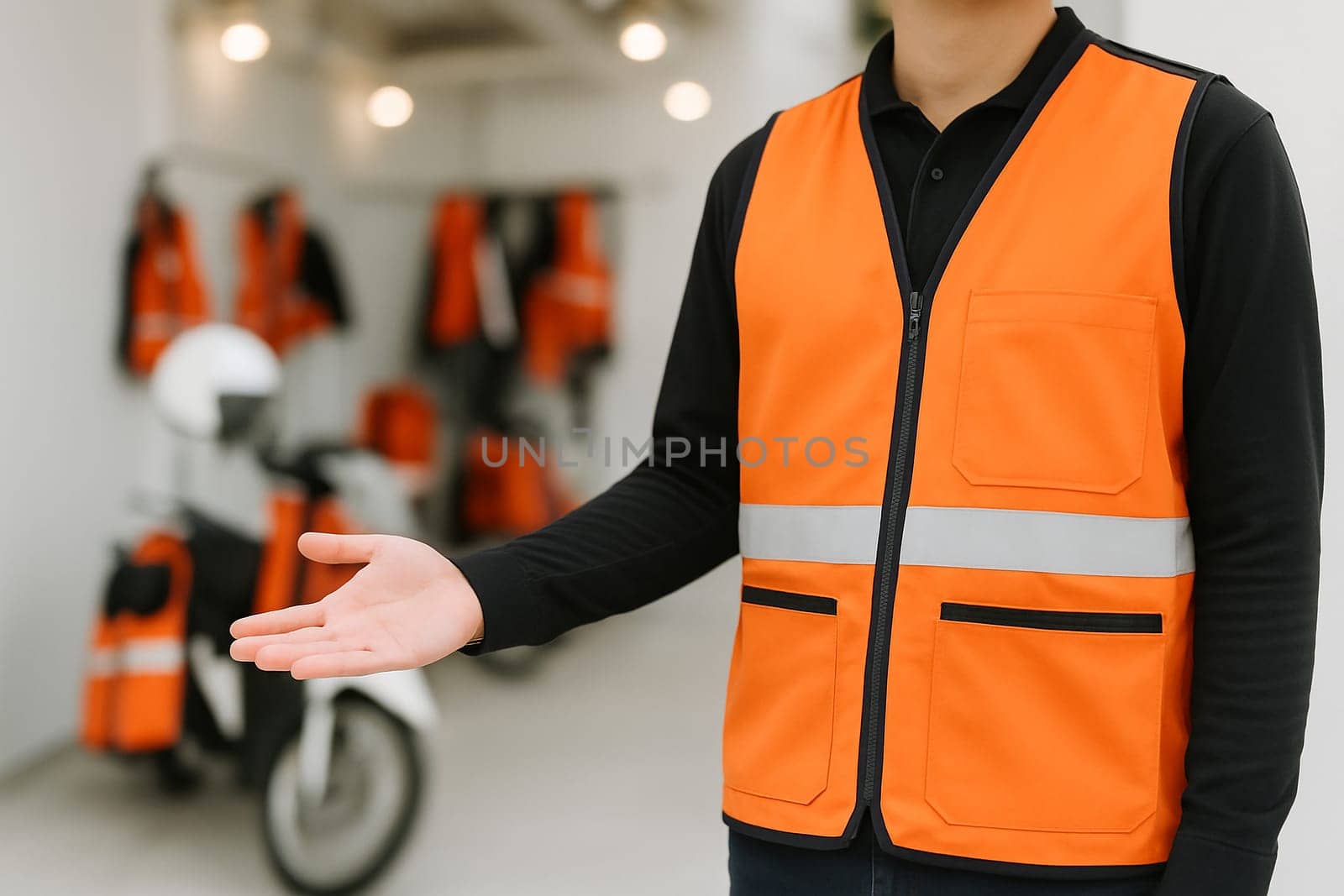 AI generated A friendly motorcycle taxi driver stands at the frame's edge gesturing toward his parked bike, ready for passenger service. The urban street scene conveys convenience