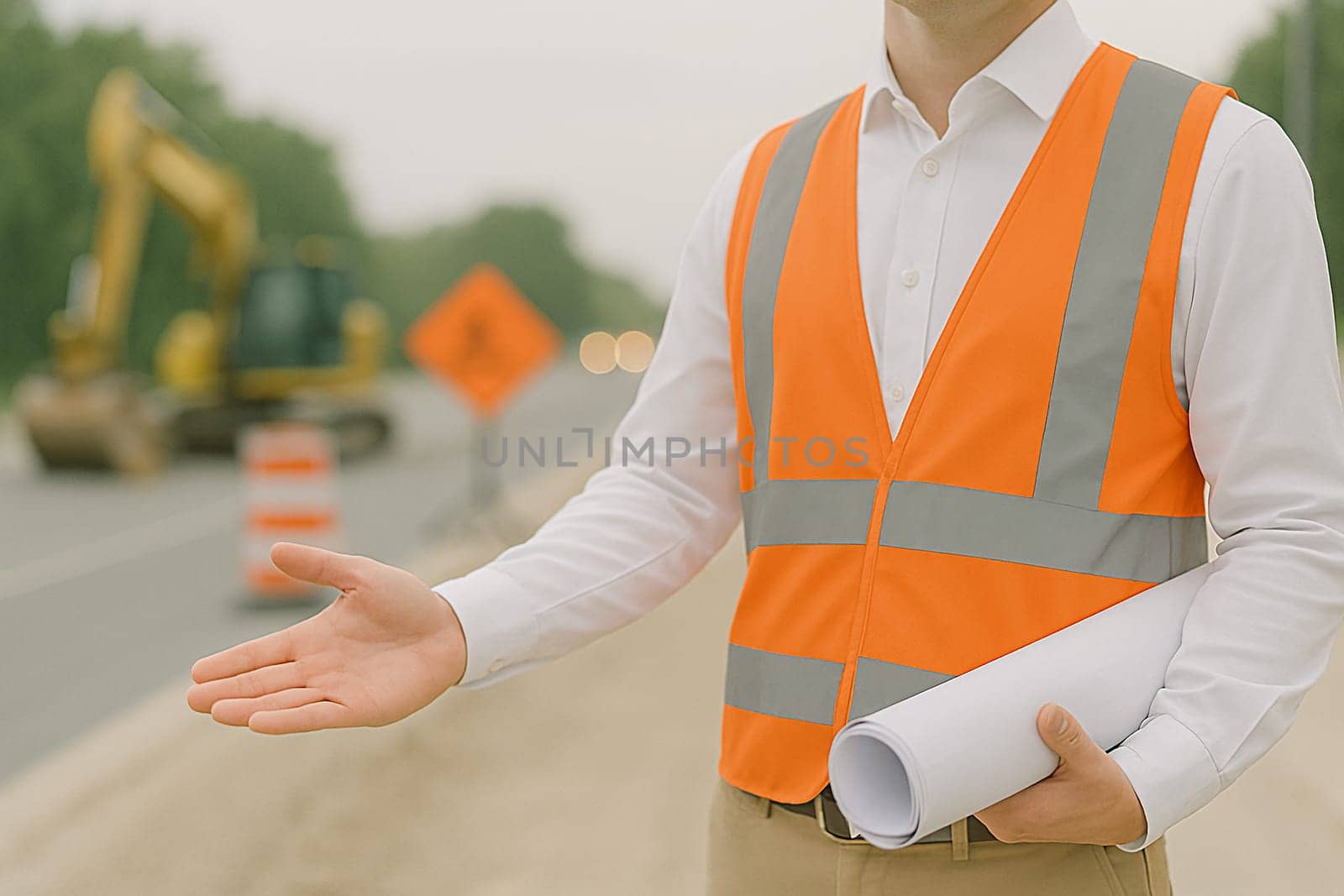 AI generated A professional civil engineer stands at the frame's edge gesturing toward an active road construction site. The infrastructure development scene showcases urban planning, engineering