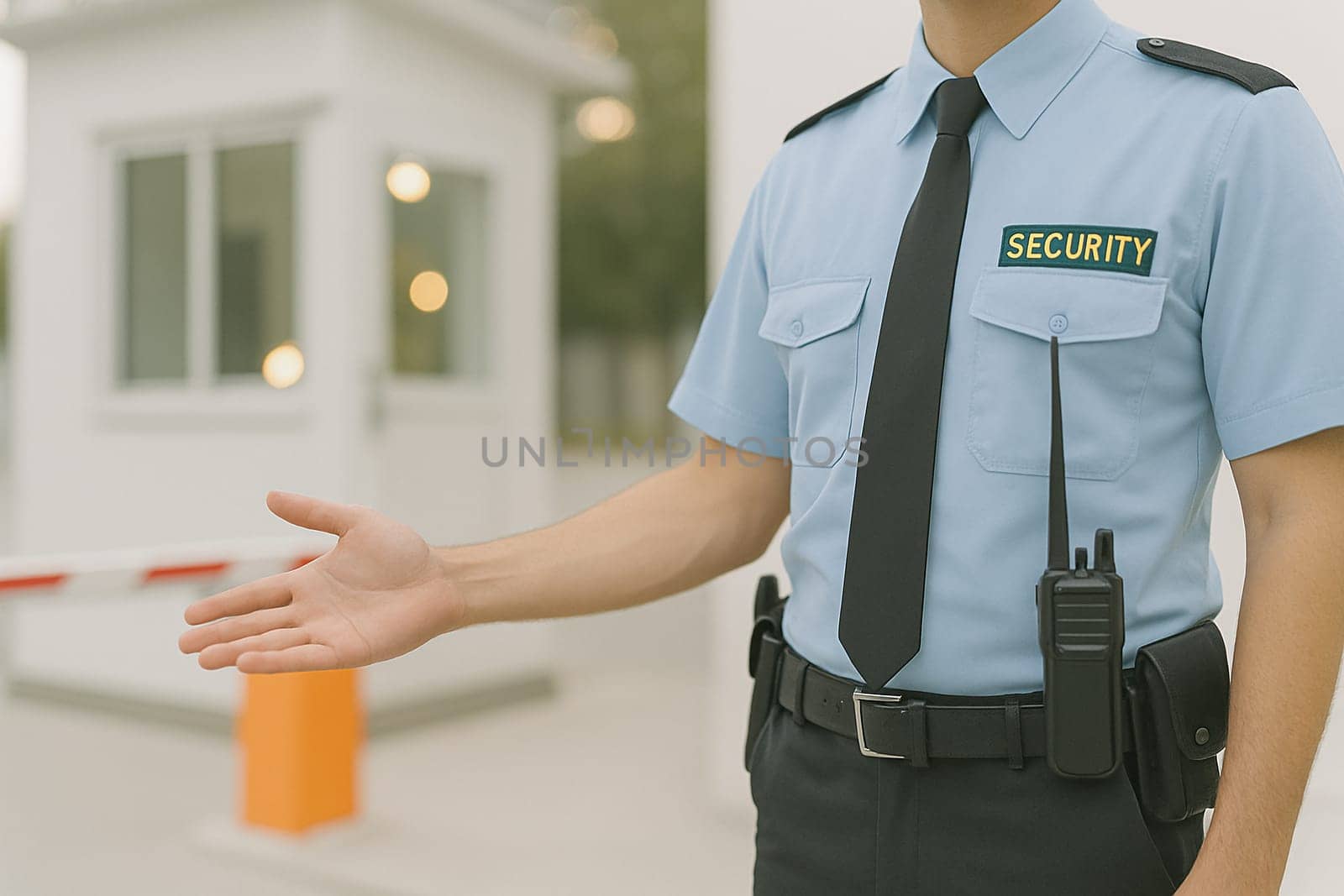 AI generated A professional security guard stands at the frame's edge gesturing toward a guarded checkpoint with security booth barrier. The scene conveys safety, access control property protection.