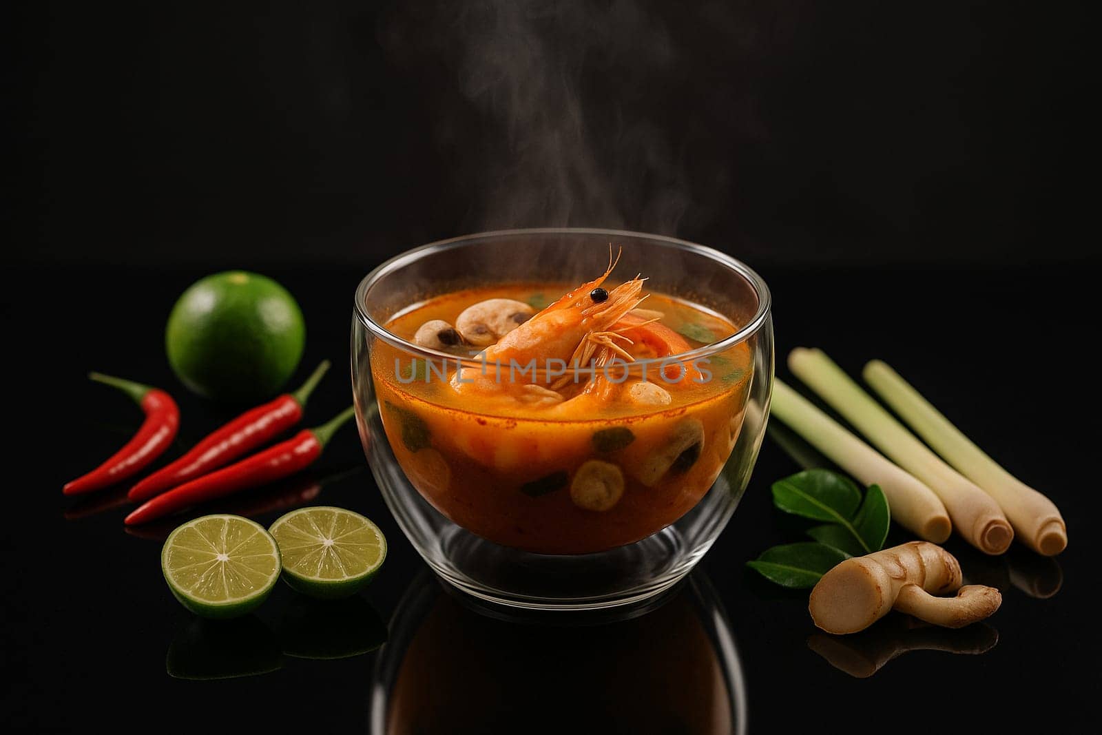 AI generated Aromatic tom yum goong soup served in a modern glass bowl with rising steam, placed on a sleek black glass table with reflective surface surrounding ingredients