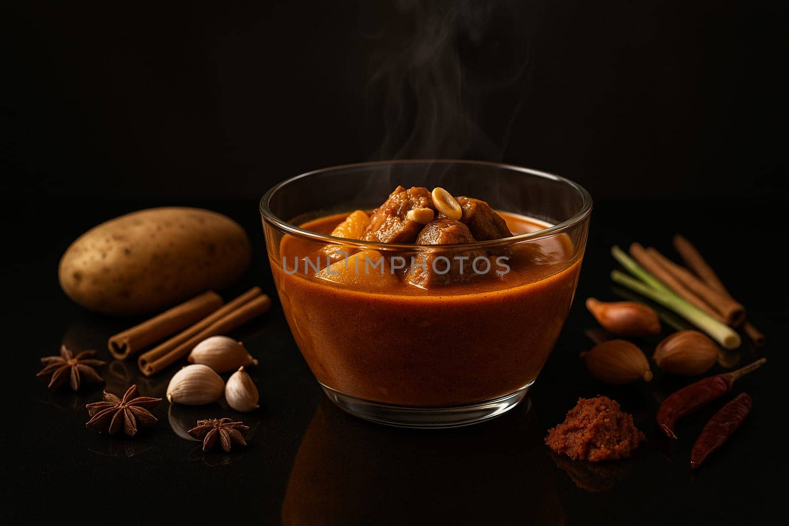 AI generated Aromatic Massaman curry served steaming in a contemporary glass bowl, placed on a sleek black glass table with mirror-like finish surrounding ingredients
