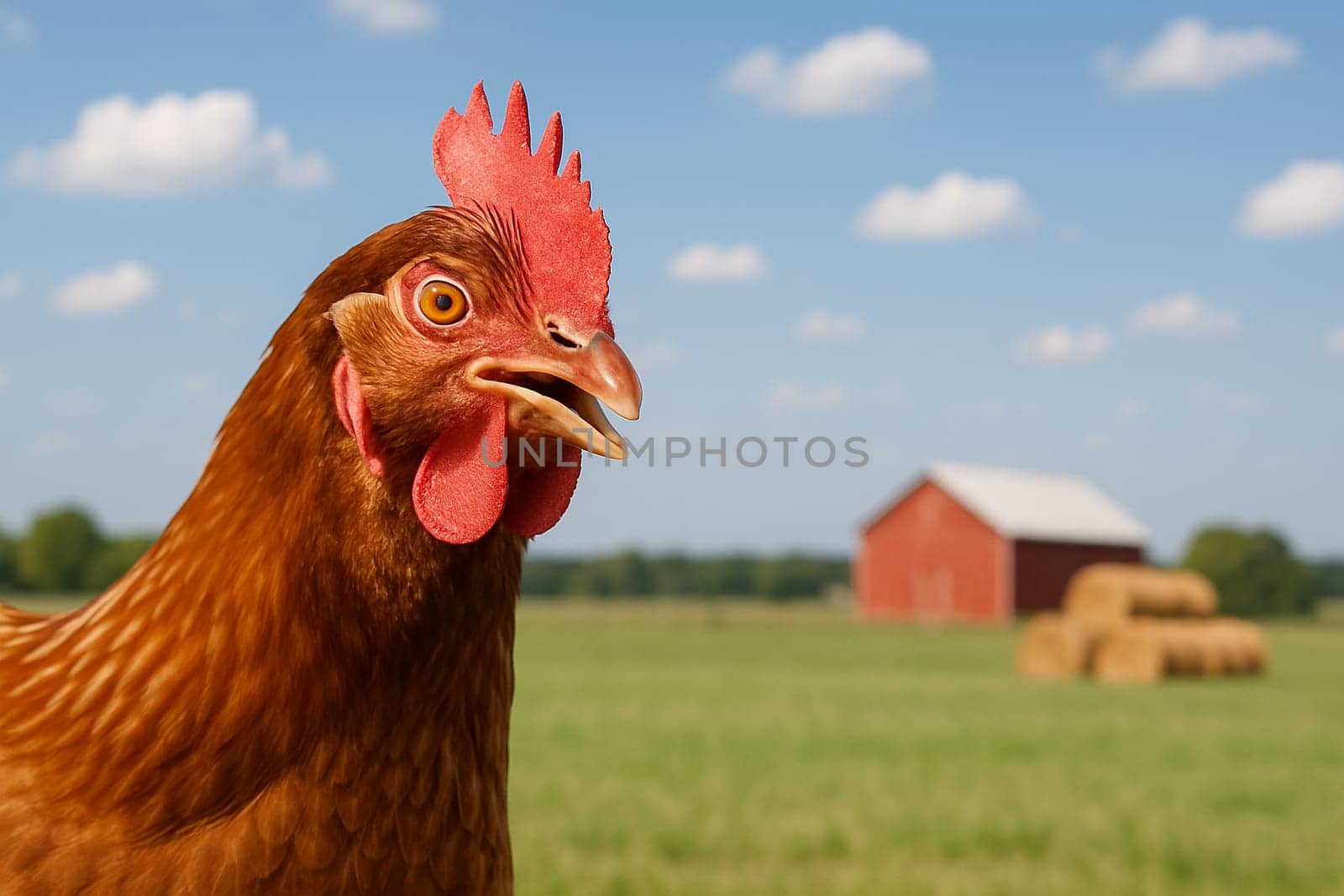 AI generated image of a cheerful chicken smiling and curiously peeking from the side with half its body visible. The background shows a traditional farm landscape rustic barn, hay bales open fields