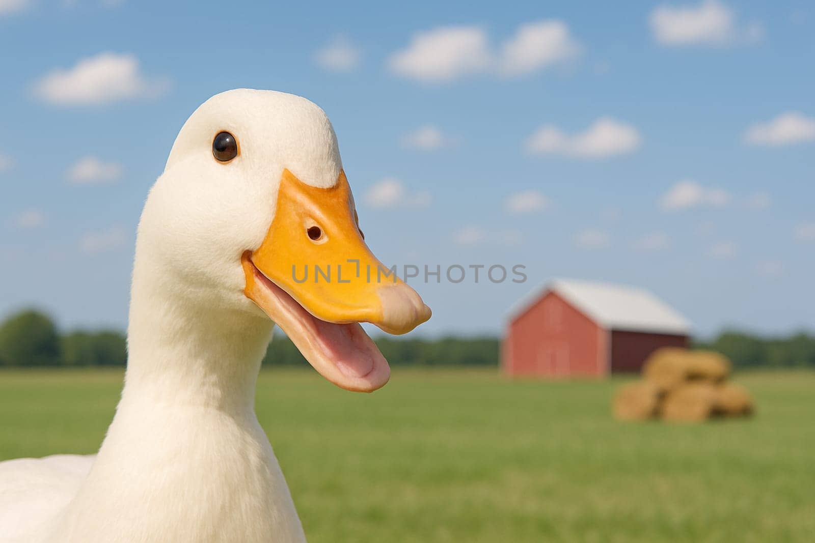 AI generated image of a cheerful duck smiling and playfully peeking from the side with half its body visible. The background features a picturesque farm scene rustic barn, golden hay bales open fields