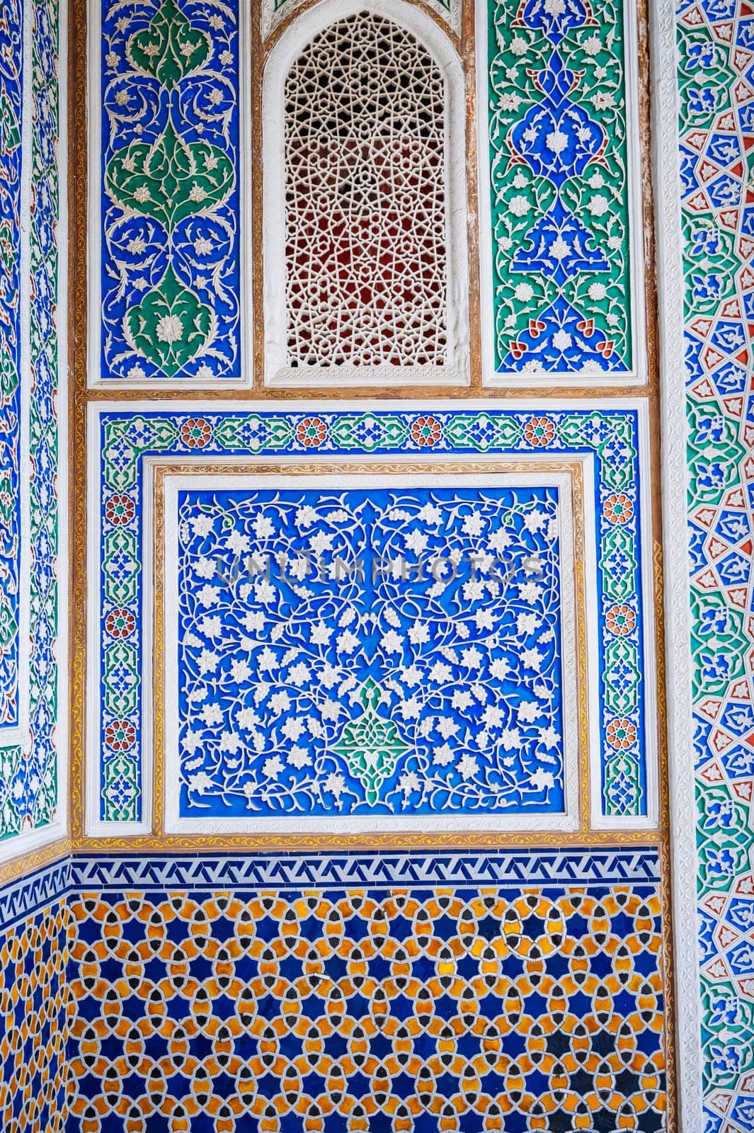 beautiful carved wooden painted walls of Museum of Art of Uzbekistan with Uzbek traditional ornaments and decorative oriental patterns in Uzbekistan