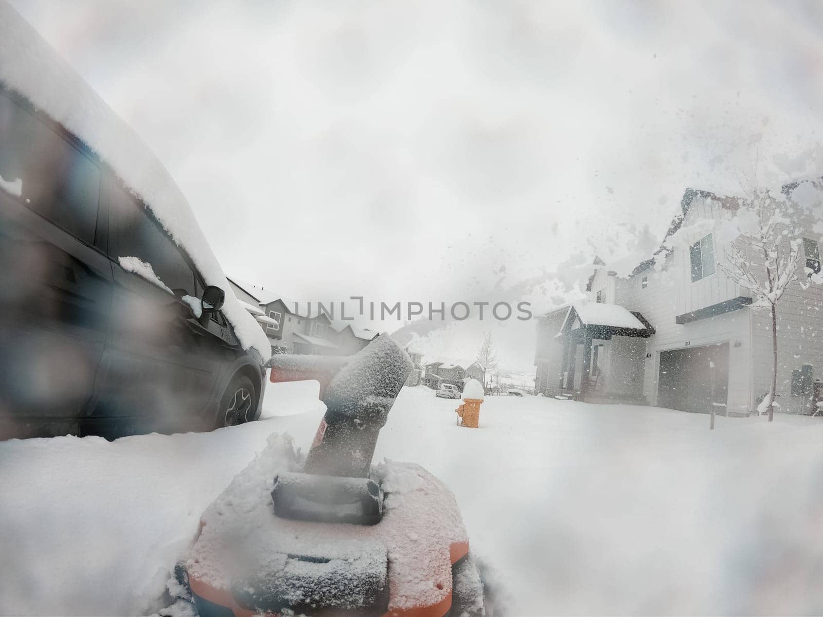 View from a snow-blanketed driveway captures a residential area mid-snowfall, with houses partially obscured by the cascading white flakes and a snow-covered car in the foreground.