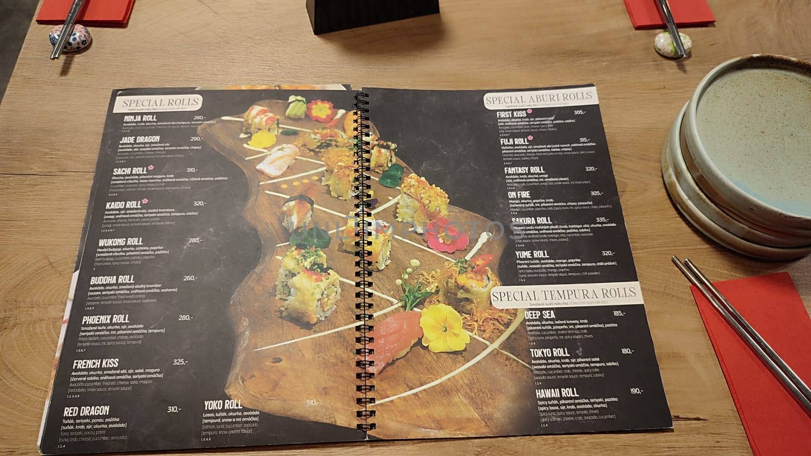 October 22 2024 Hradec Kralove, Czech Republic Europe, Kralov region, Kralovehradecky kraj, Restaurant menu sushi bar food ingredients information about shotlisttravel cafe table objects kitchen cook . High quality photo