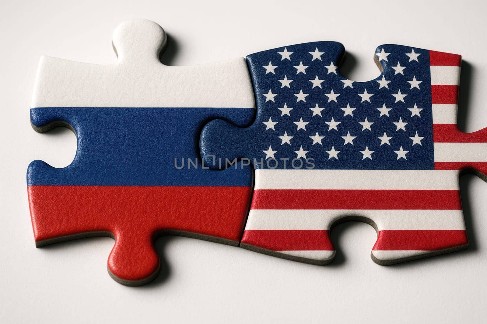 Puzzle Pieces with Russian and American Flags Fitting Together