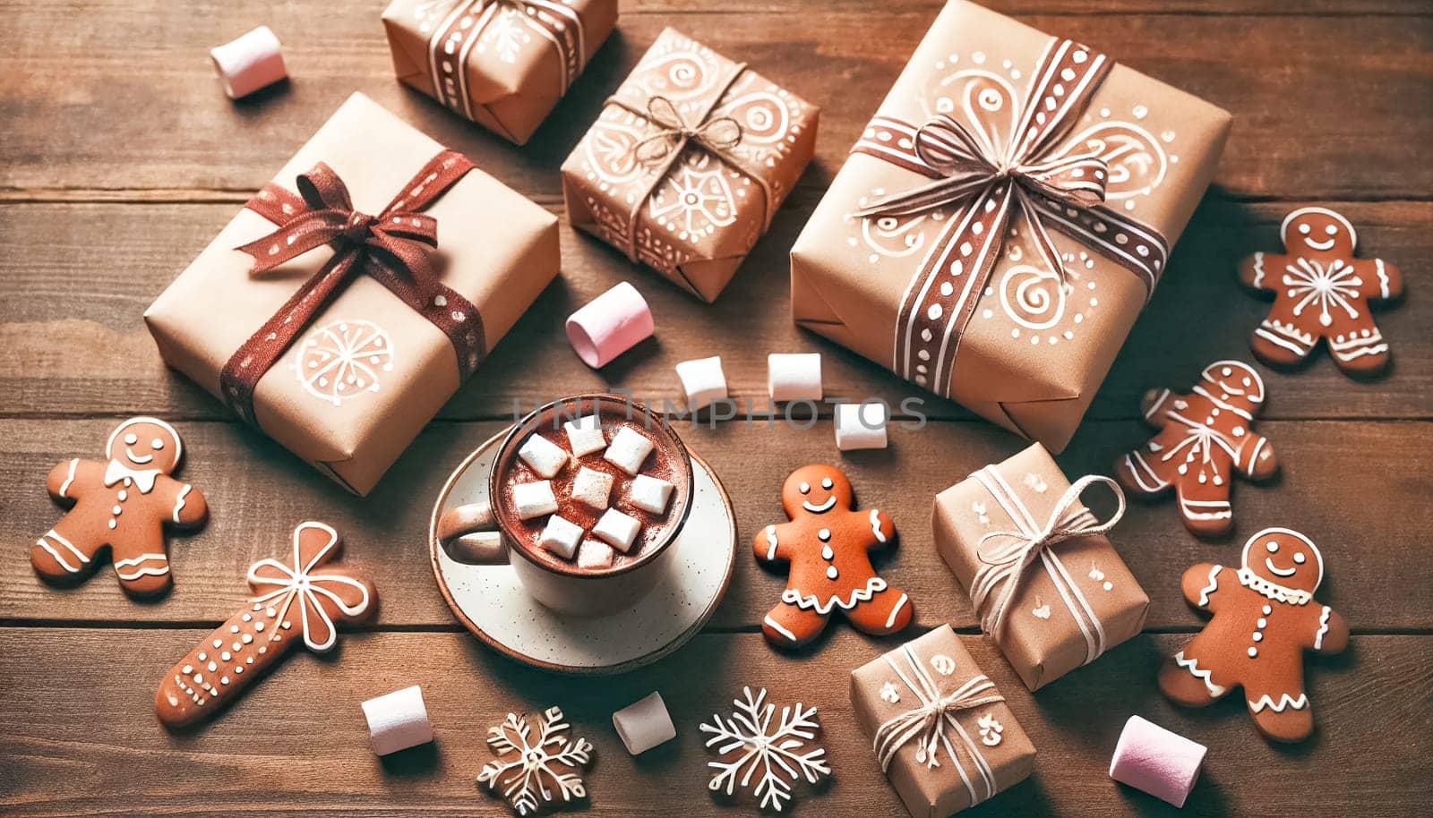 Top-down view with a shallow depth of field. In the foreground, a cup of hot cocoa with a few gingerbread marshmallows sits on a wooden table. The background features several Christmas presents of different sizes wrapped in homemade, hand-painted paper with bows and straps, showcasing minimalist and festive designs.