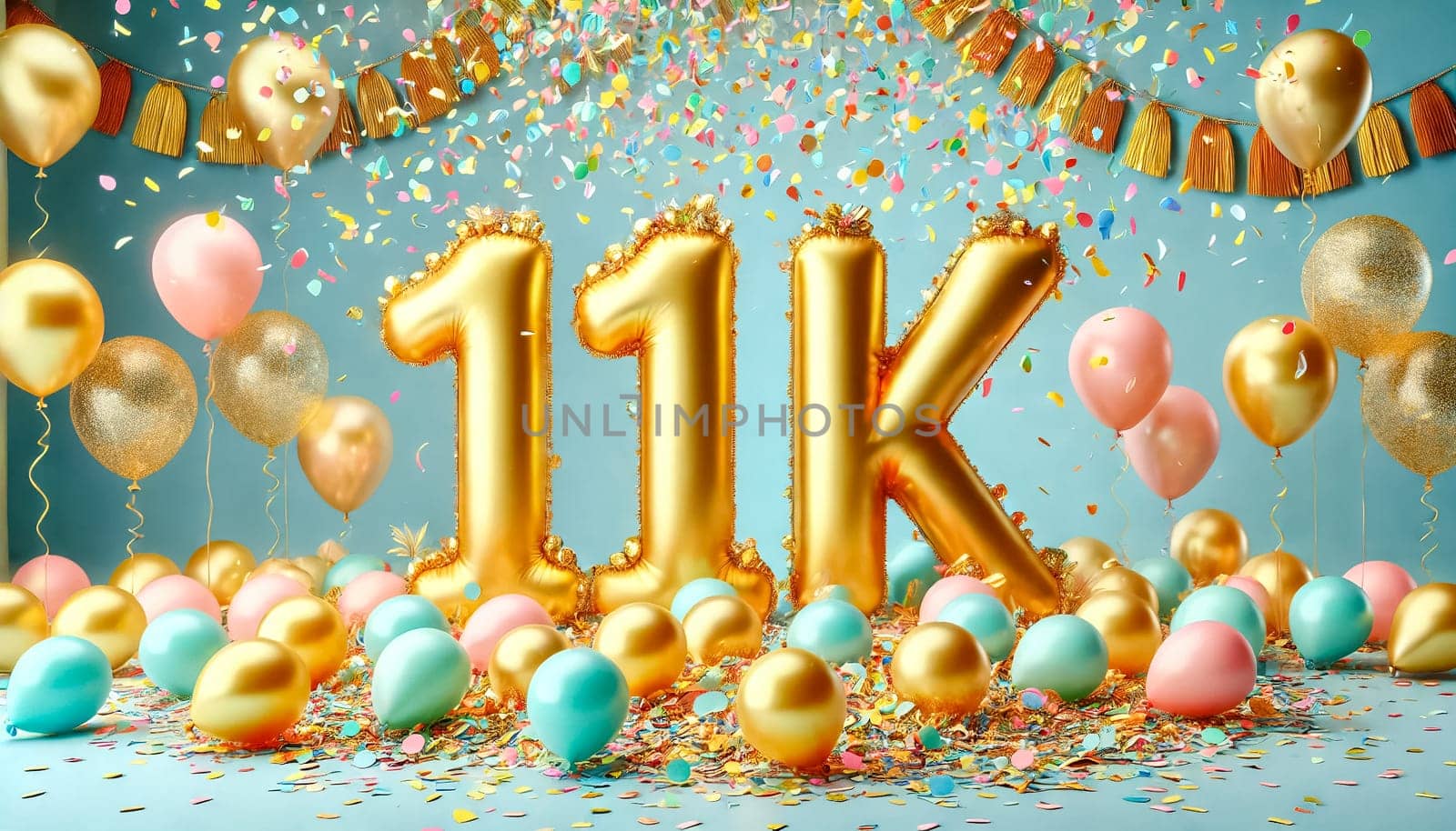 The scene showcases golden balloons spelling out "11K" floating in the air, surrounded by colorful confetti and pastel balloons. A light blue sky background, combined with a depth of field effect and an f/2.8 aperture, creates a beautifully blurred backdrop. A large amount of out-of-focus confetti floats in the air, enhancing the celebratory mood.