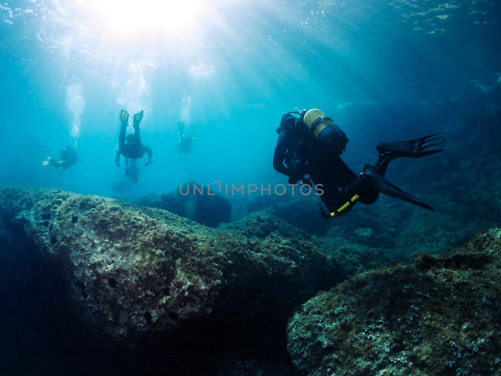 group of divers diving near the rocky bottom of the sea with sun rays shining from the surface, concept of scuba diving and underwater adventure