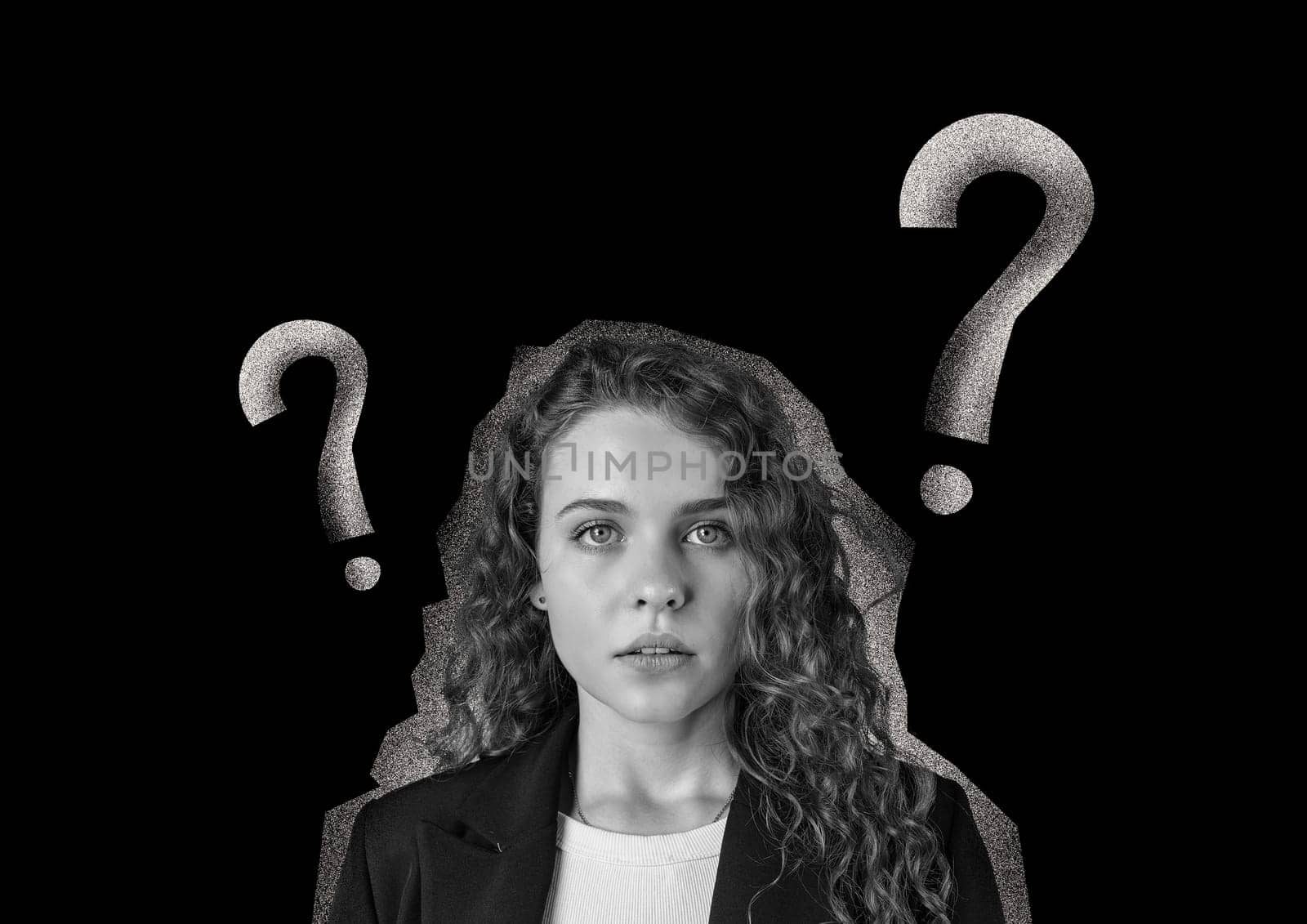 A young woman with curly hair looks directly at the viewer, displaying a confused expression. Question marks surround her, emphasizing her uncertainty in a stylized design.
