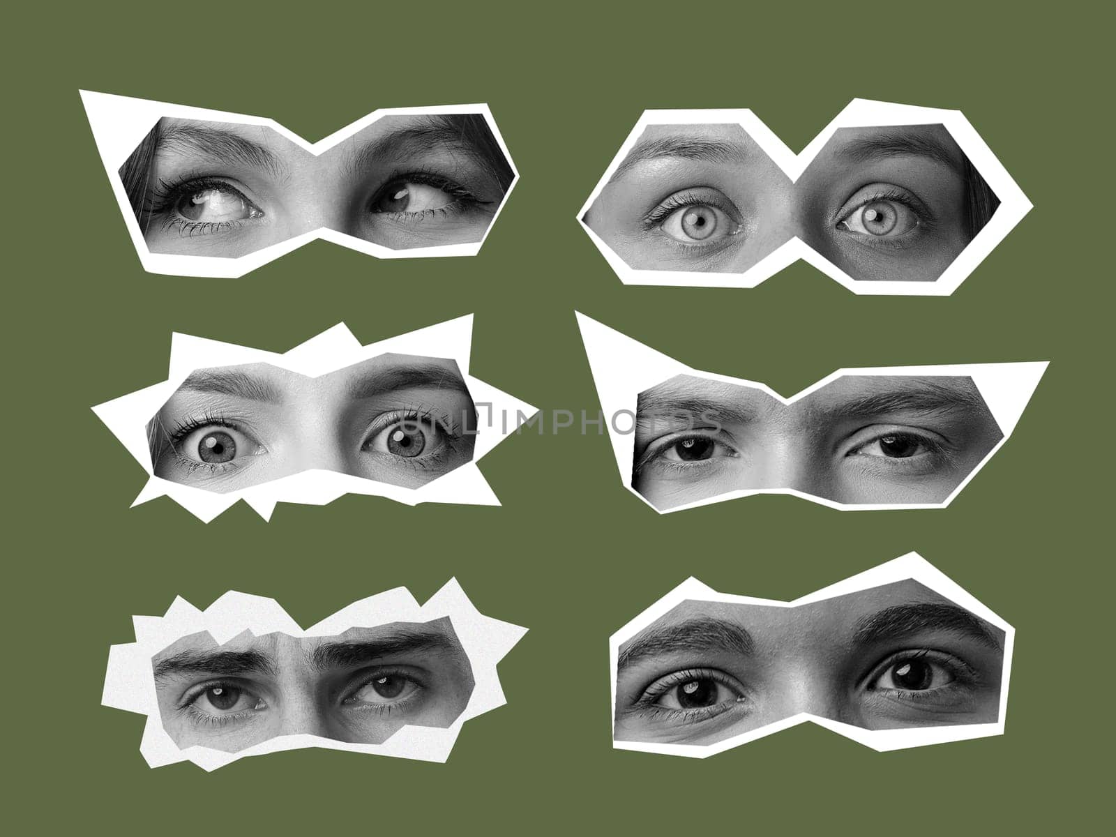 Unique artwork showcases a variety of eye shapes and expressions, illustrating the emotions and stories behind each gaze on a solid green surface.