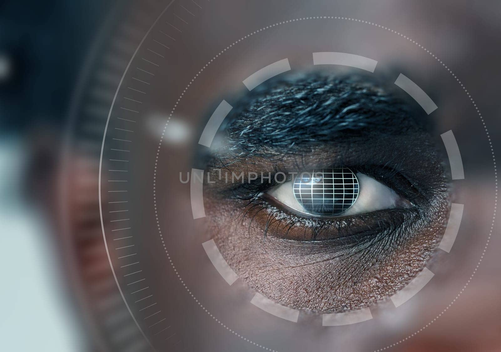 A detailed close-up of a human eye featuring a digital grid overlay. The image illustrates biometric scanning technology used for identification and security purposes.